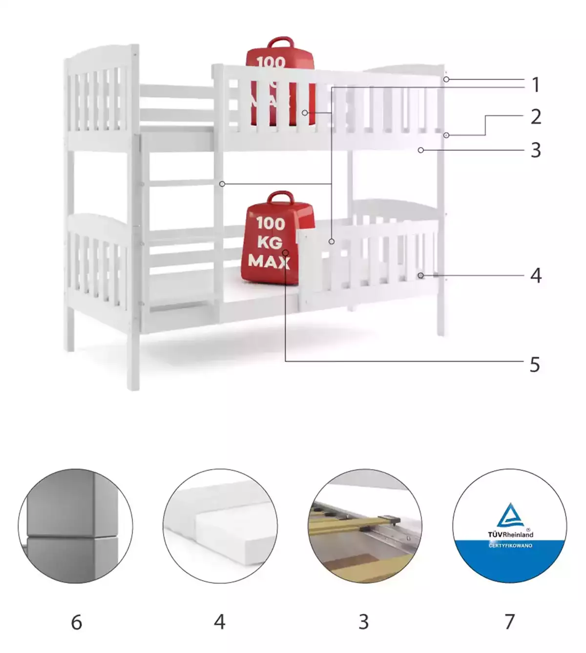 Komponenty na patrovou postel pro mládež KUBUŚ 90X200, bílá