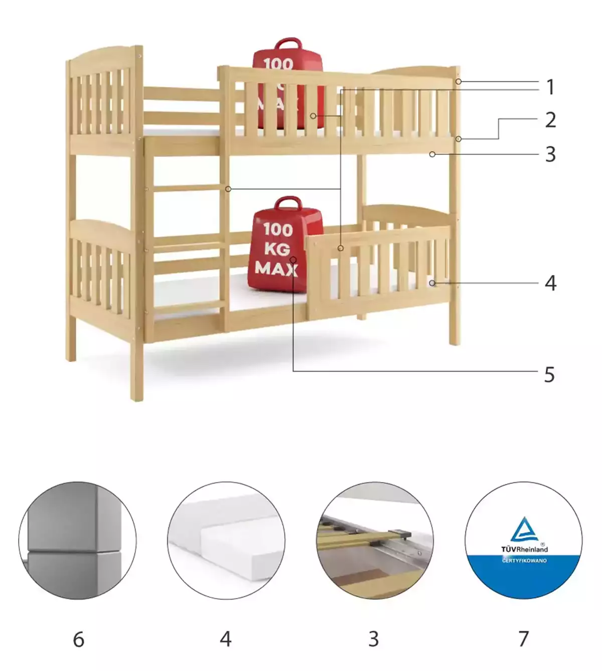 Komponenty pro mládež patrovou postel KUBUŚ 90X200, borovice