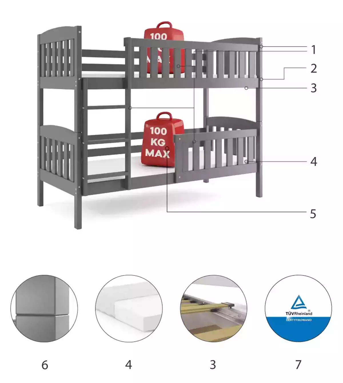 Komponenty pro mládež patrovou postel KUBUŚ 90X200 s matrací, grafit