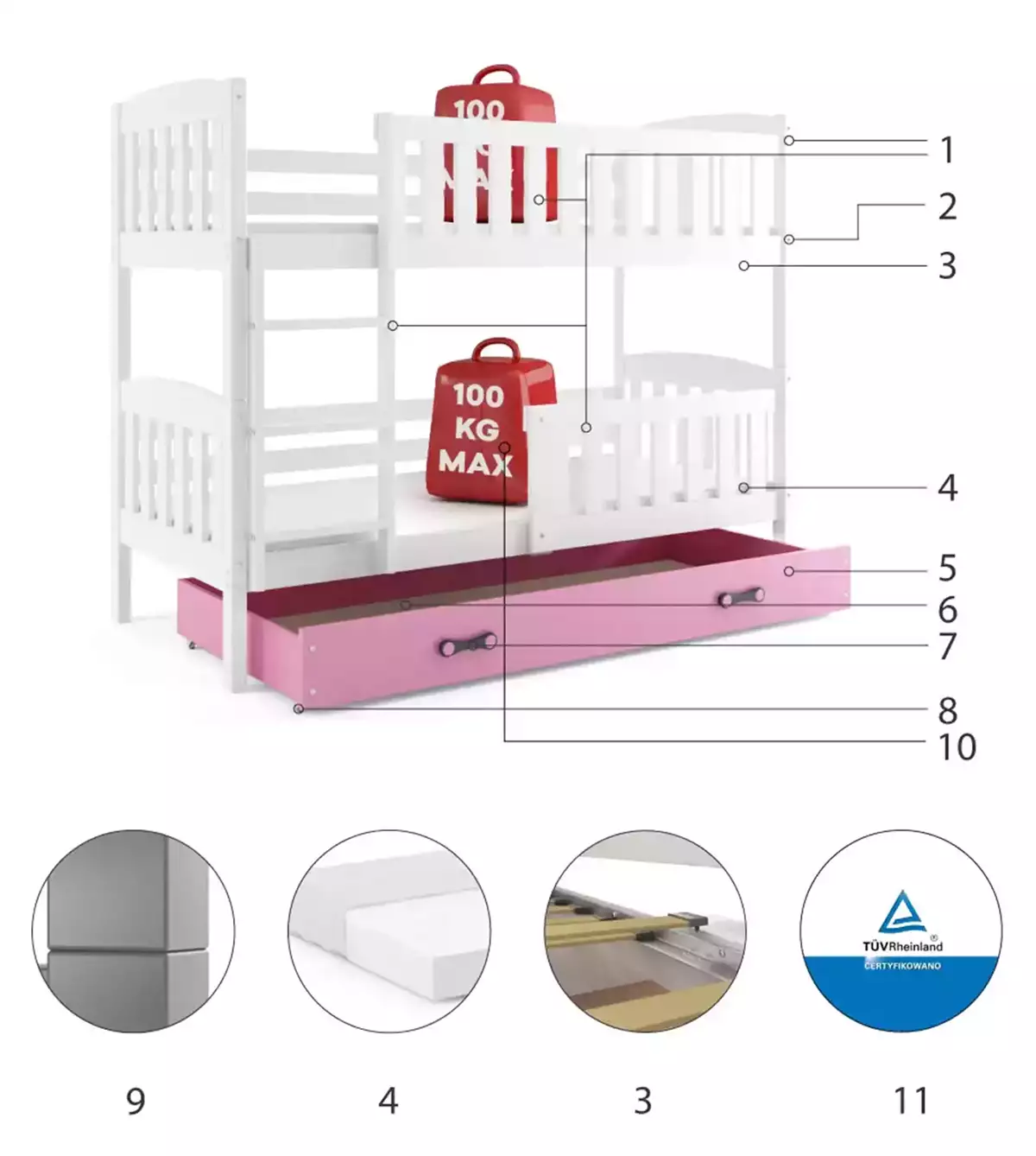 Komponenty pro patrovou postel pro mládež KUBUŚ 90X200 s matrací a zásuvkou, bílá/růžová