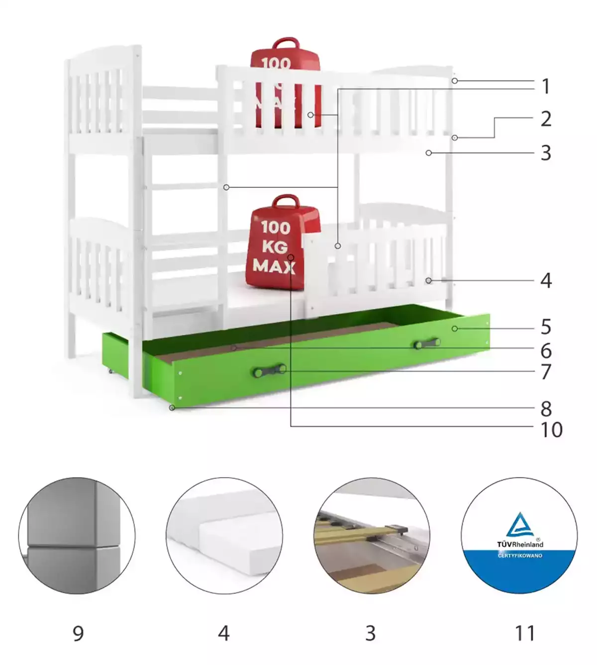 Komponenty pro patrovou postel pro mládež KUBUŚ 90X200 s matrací a zásuvkou, bílá/zelená