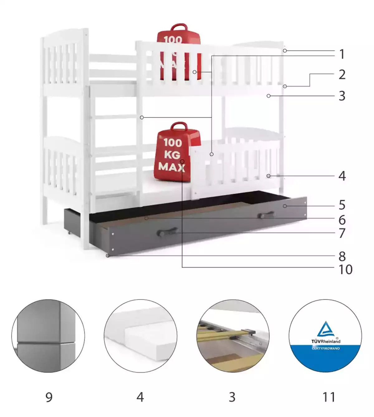 Komponenty pro patrovou postel pro mládež KUBUŚ 90X200 se zásuvkou, bílá/grafit