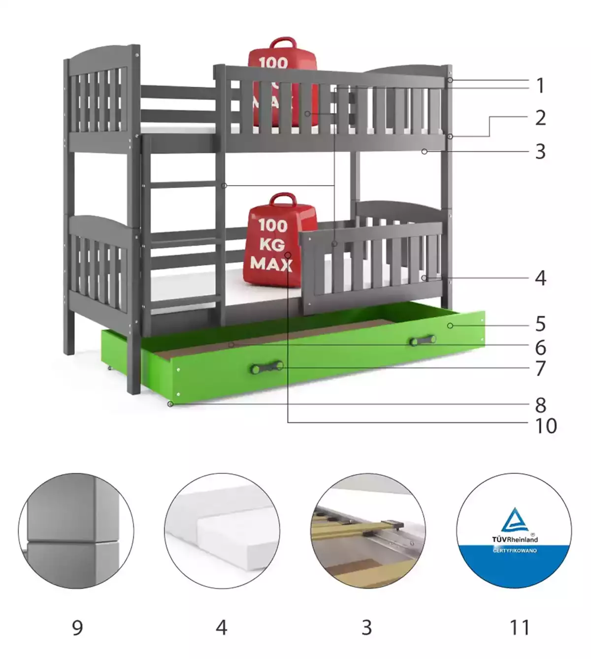 Komponenty pro patrovou postel pro mládež KUBUŚ 90X200 se zásuvkou, grafit/zelená