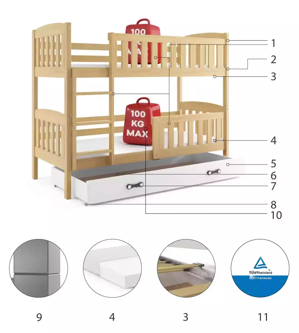 Komponenty pro patrovou postel pro mládež KUBUŚ 90X200 se zásuvkou, borovice/bílá