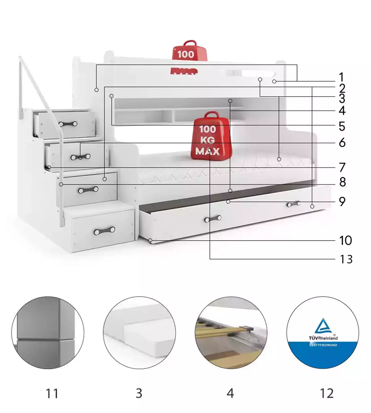 Komponenty pro patrovou postel pro mládež MAX 3 120X200 s matrací a šuplíkem, bílá