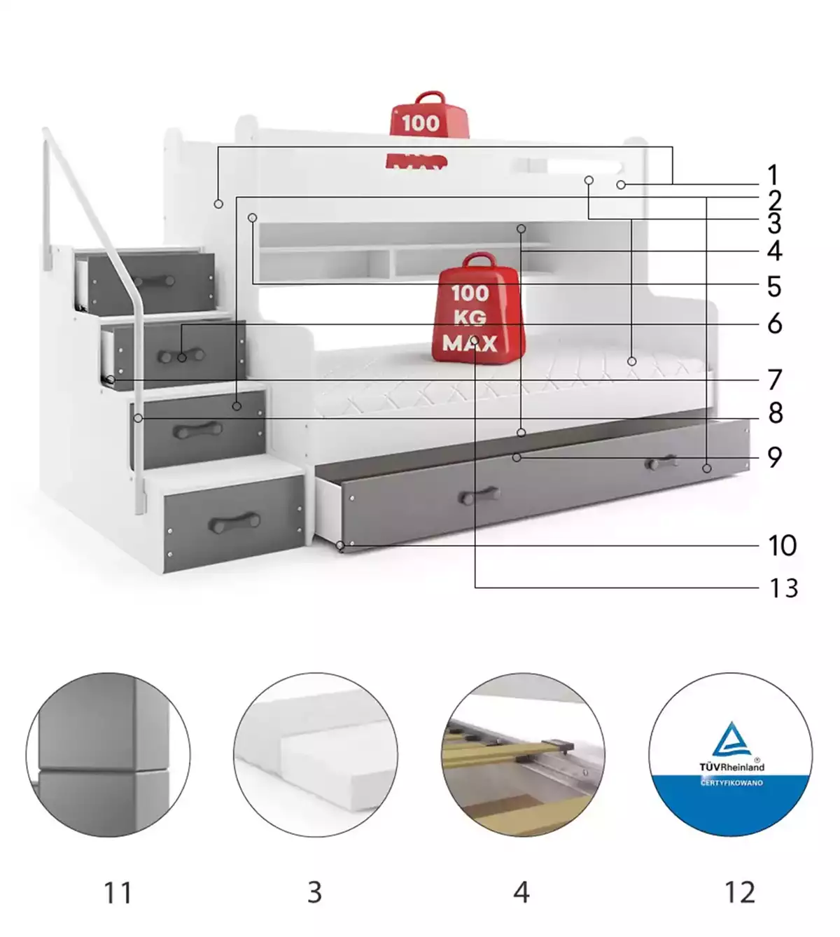 Komponenty pro patrovou postel pro mládež MAX 3 120X200 s matrací a šuplíkem, grafit