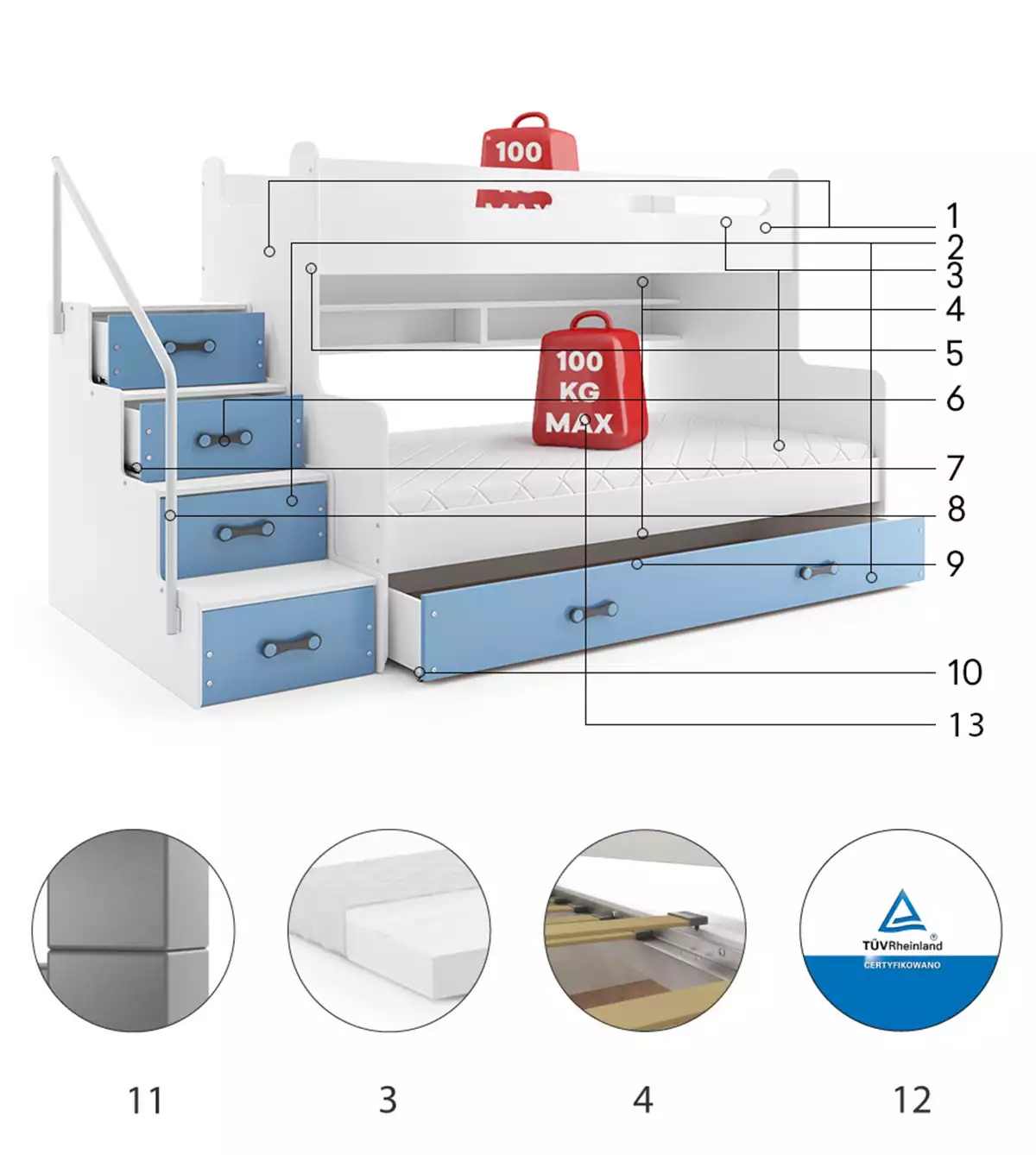 Komponenty pro mládež patrovou postel MAX 3 120X200 se zásuvkou, modrá
