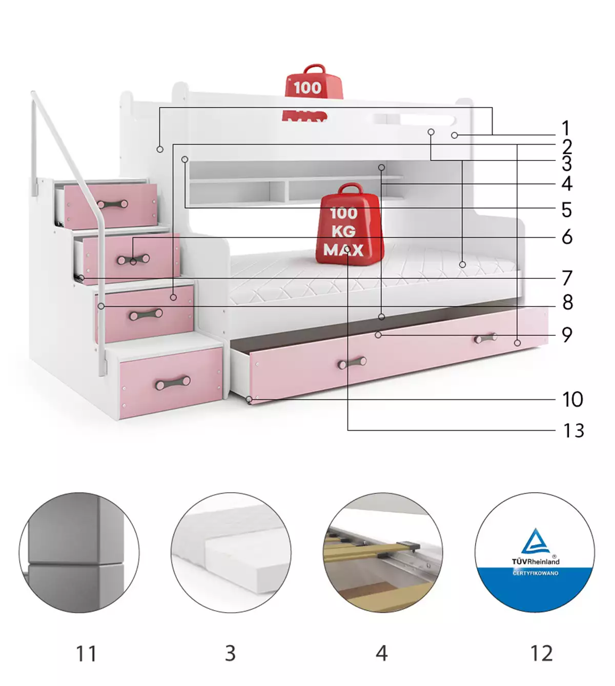 Komponenty pro Mládež patrovou postel MAX 3 120X200 se zásuvkou, růžová