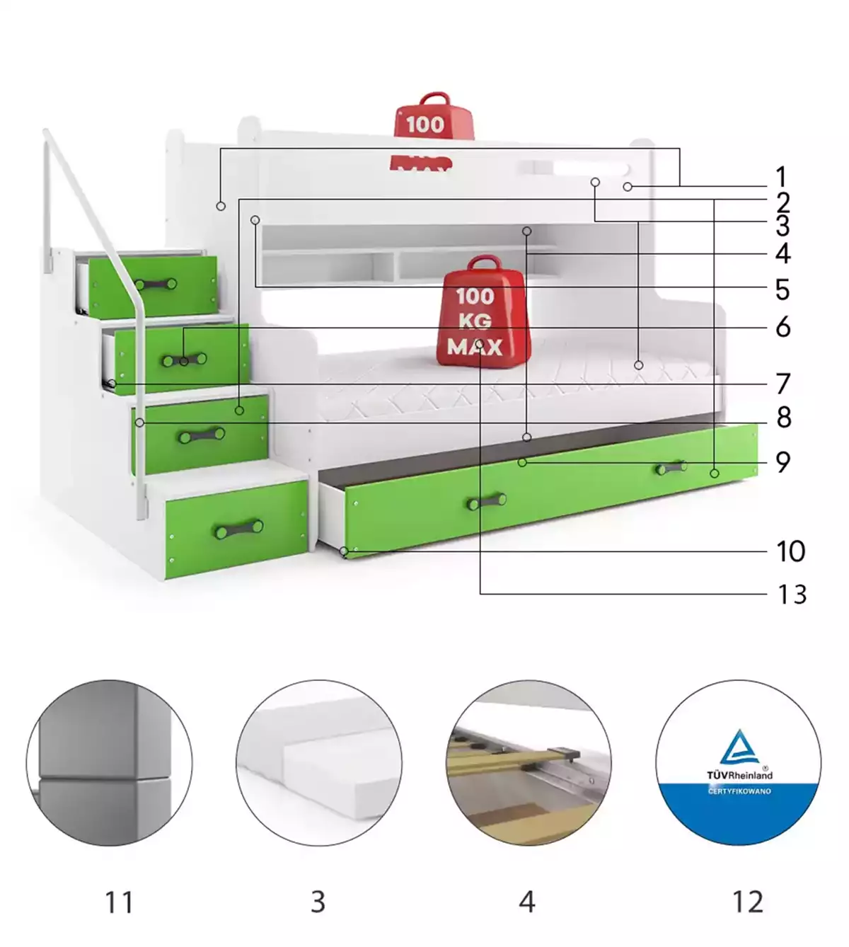 Komponenty pro mládež patrovou postel MAX 3 120X200 se zásuvkou, zelená