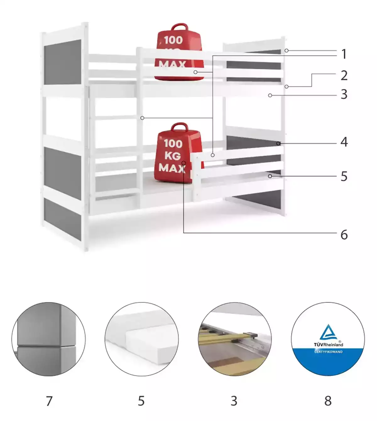 Komponenty na patrovou postel pro teenagery RICO 90X200, bílá/grafit