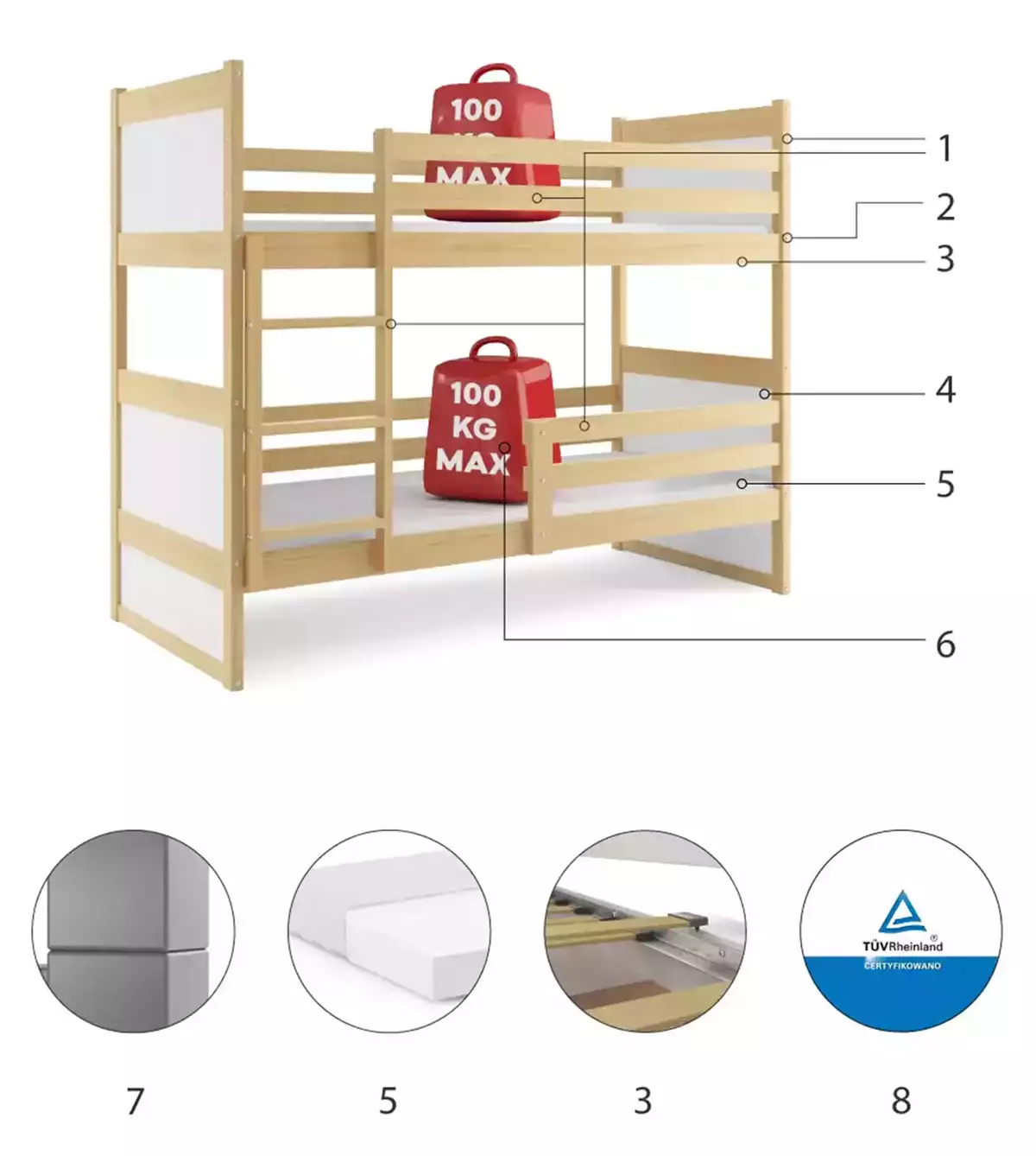 Komponenty pro mládež patrovou postel RICO 90X200, borovice/bílá