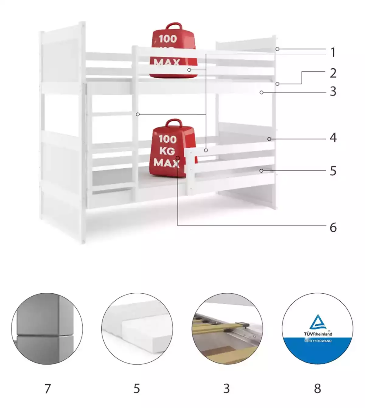 Komponenty pro patrovou postel pro teenagery RICO 90X200 s matrací, bílá