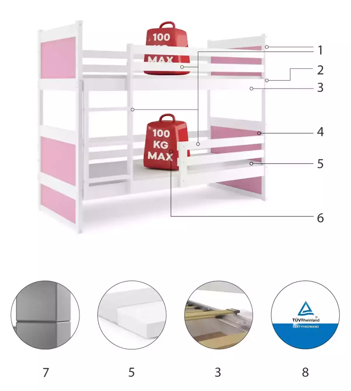 Komponenty pro patrovou postel pro teenagery RICO 90X200 s matrací, bílá/růžová