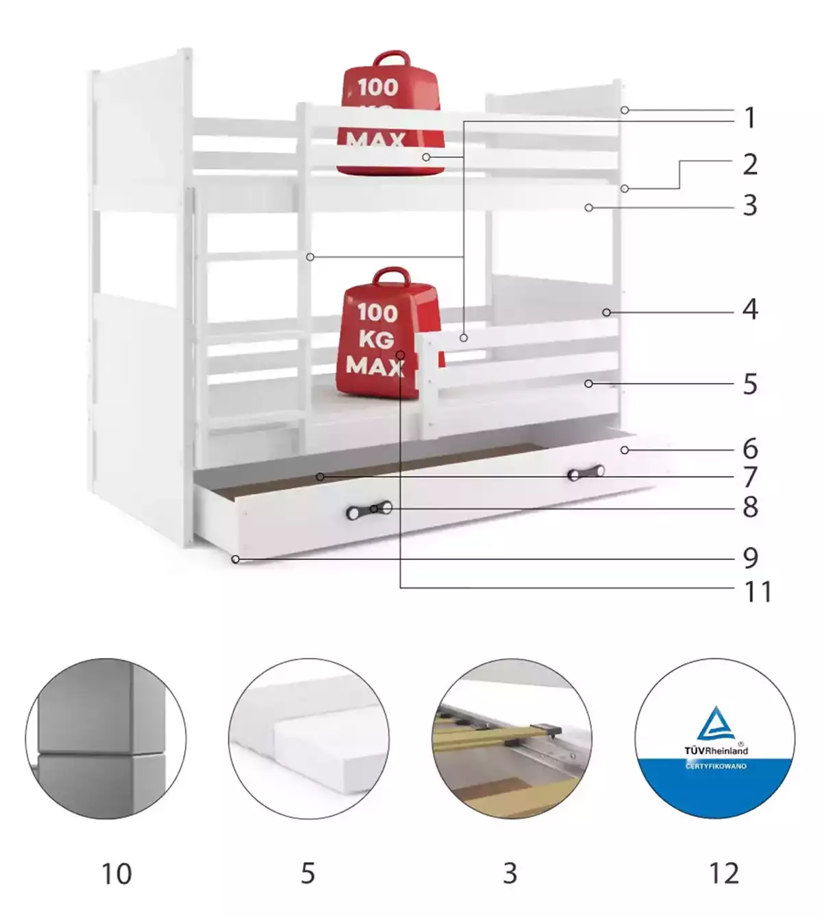 Komponenty pro patrovou postel pro teenagery RICO 90X200 s matrací a šuplíkem, bílá