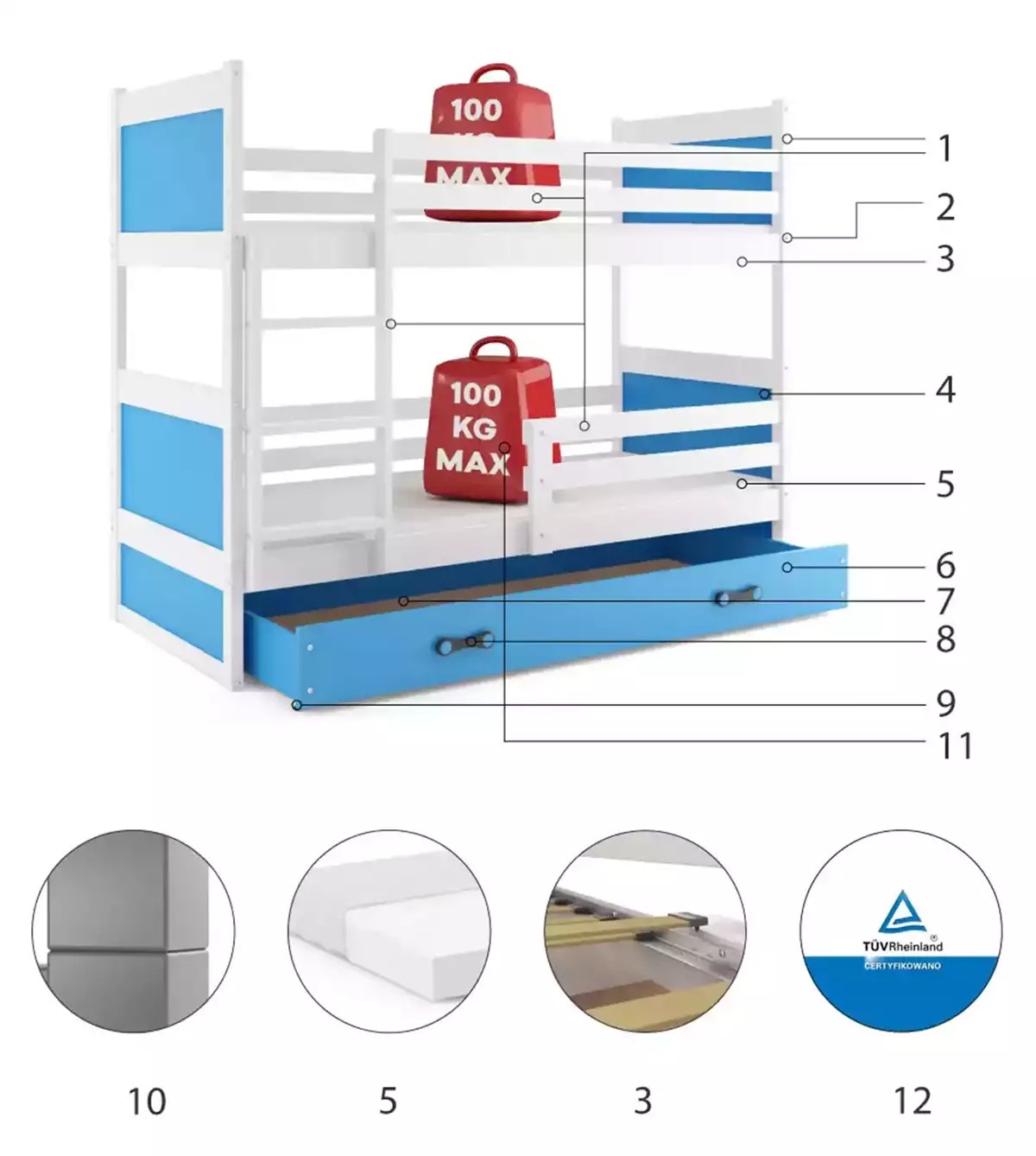 Komponenty pro patrovou postel pro mládež RICO 90X200 s matrací a zásuvkou, bílá/modrá