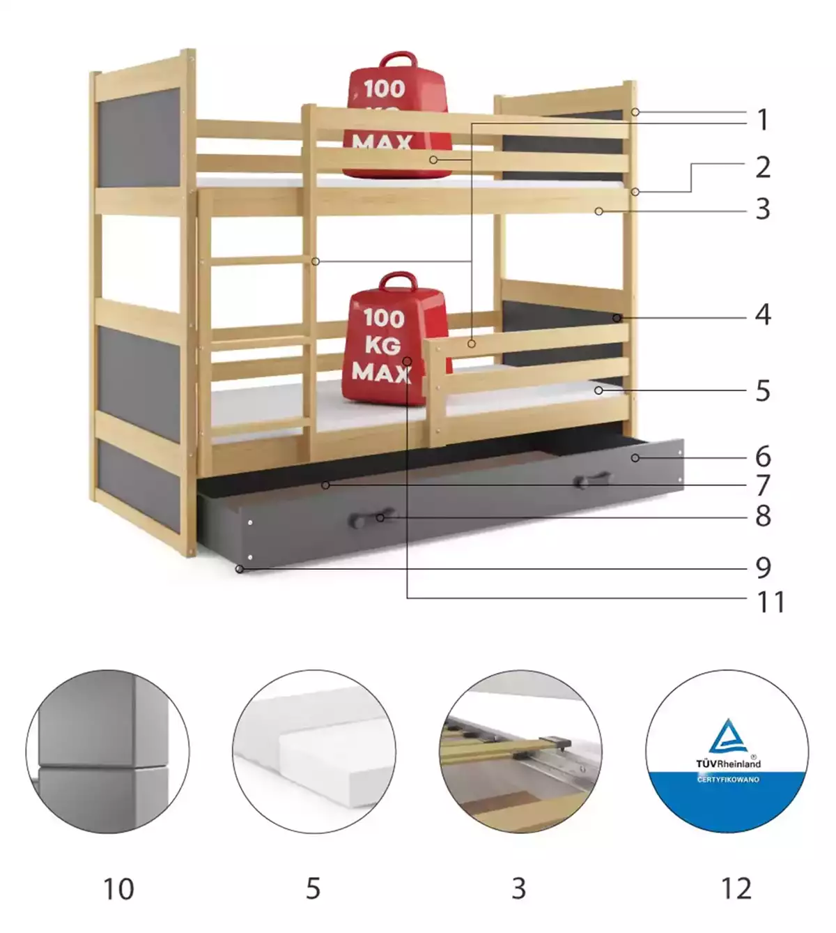 Komponenty pro patrovou postel pro mládež RICO 90X200 s matrací a zásuvkou, borovice/grafit