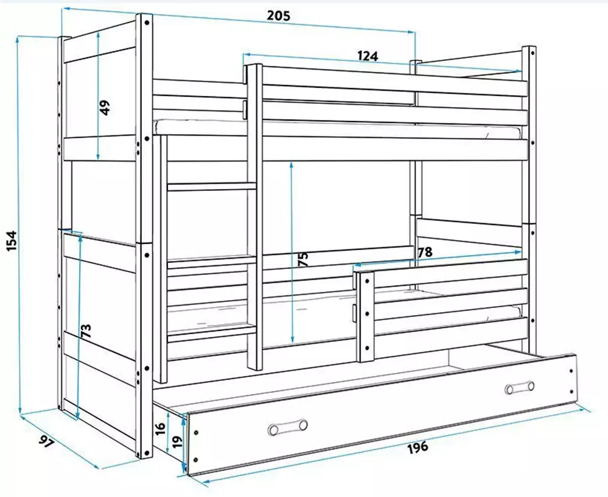 Rozměry a specifikace pro patrovou postel pro teenagery RICO 90X200 se šuplíkem, bílá
