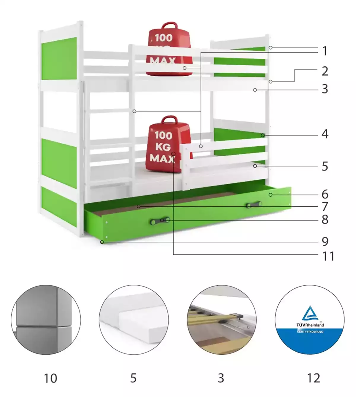 Komponenty pro patrovou postel pro teenagery RICO 90X200 se zásuvkou, bílá/zelená