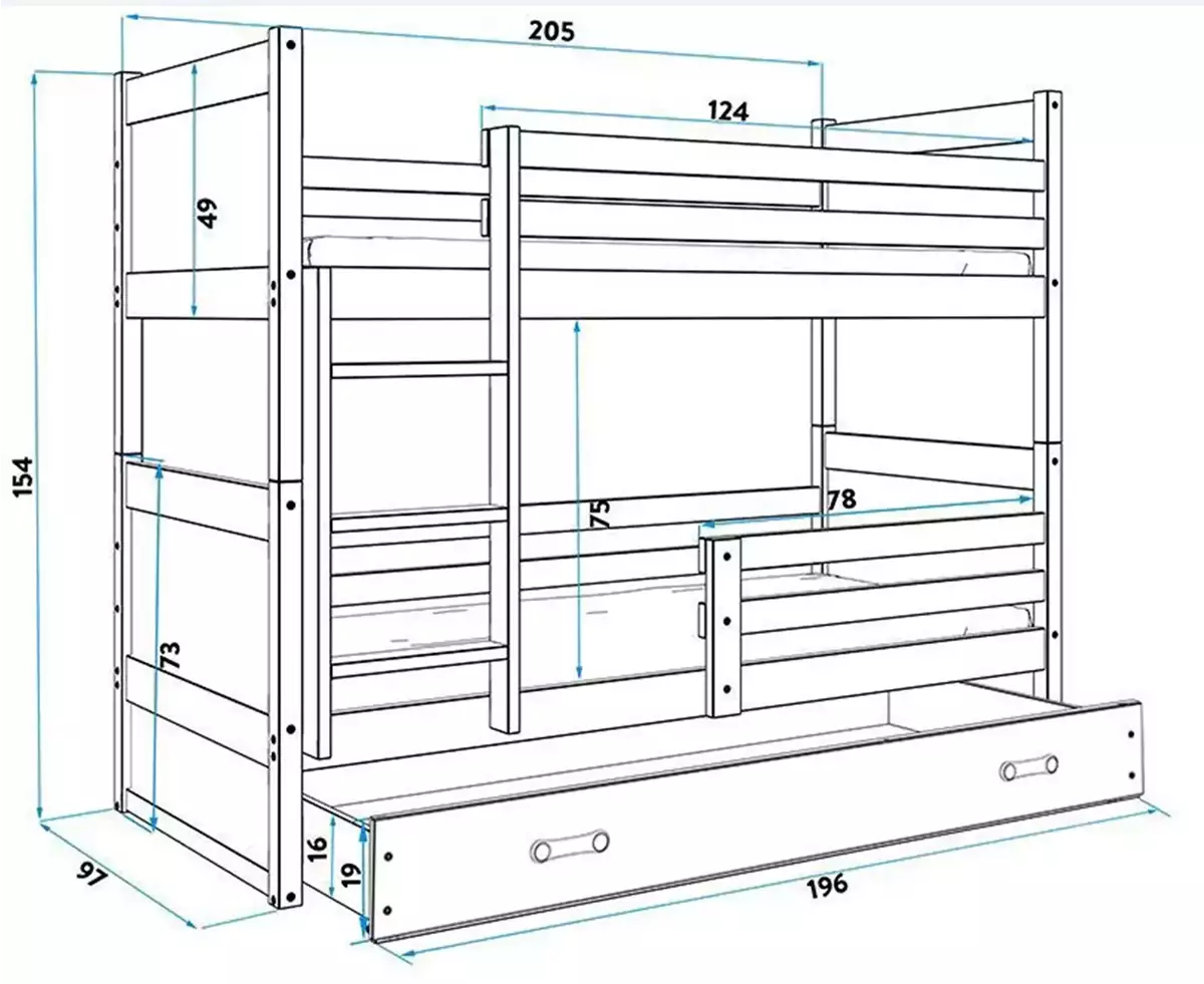 Rozměry a specifikace pro patrovou postel pro teenagery RICO 90X200 se zásuvkou, bílá/zelená