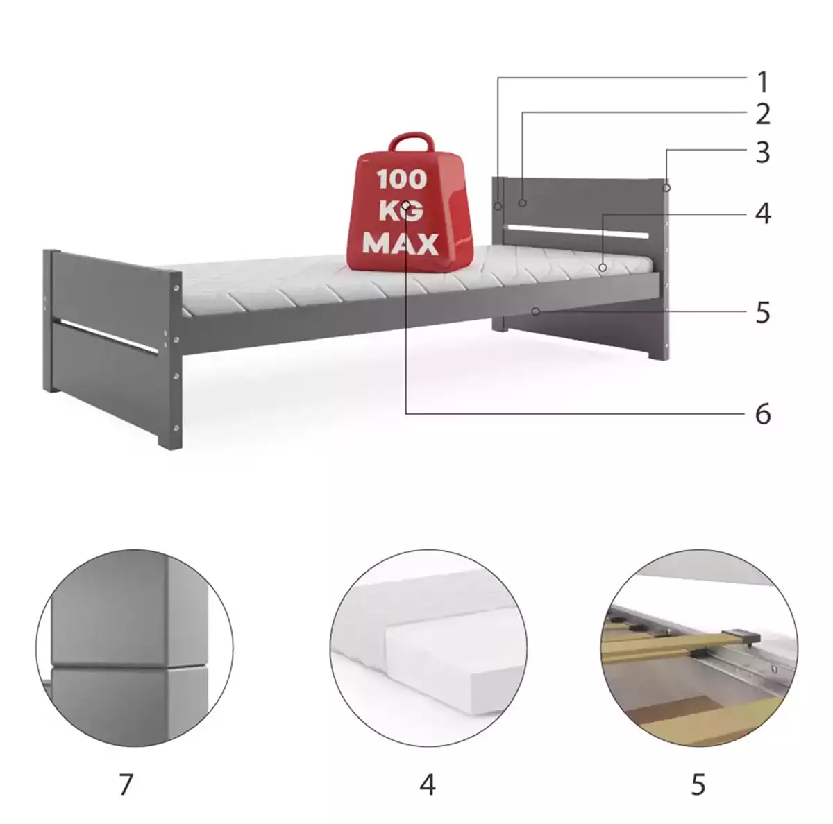 Komponenty pro jednolůžko BARTEK pro mládež 90X200 s matrací, grafit