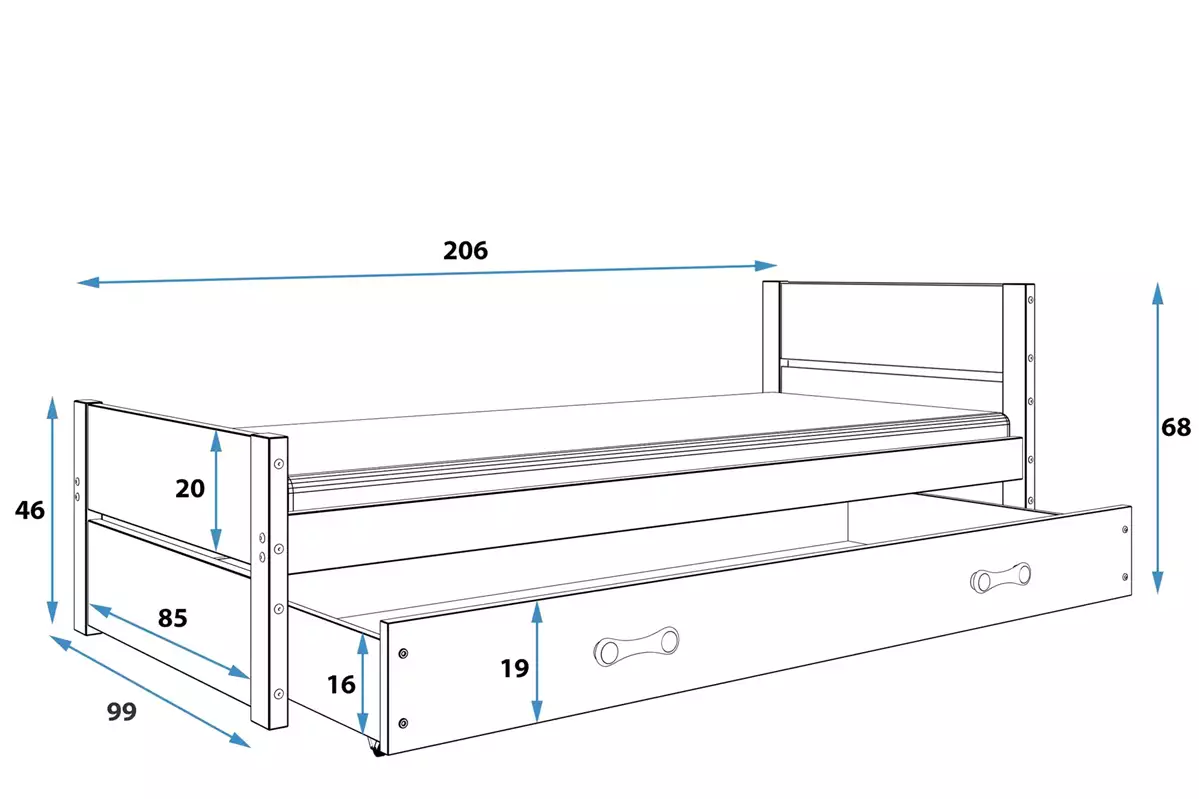 Rozměry a specifikace pro jednolůžkovou postel pro mládež BARTEK 90X200 se zásuvkou, bílá
