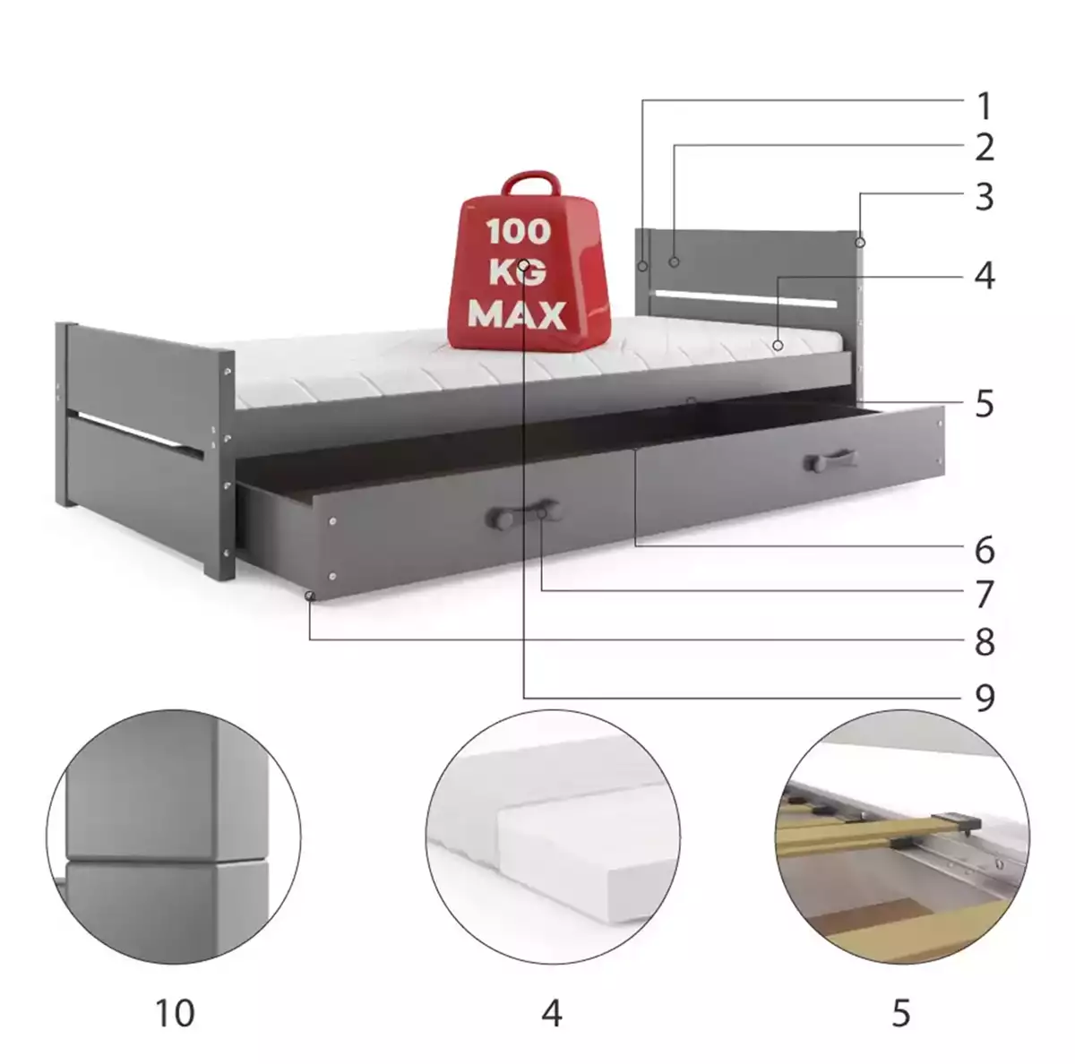 Komponenty pro jednolůžko BARTEK pro mládež 90X200 se zásuvkou, grafit