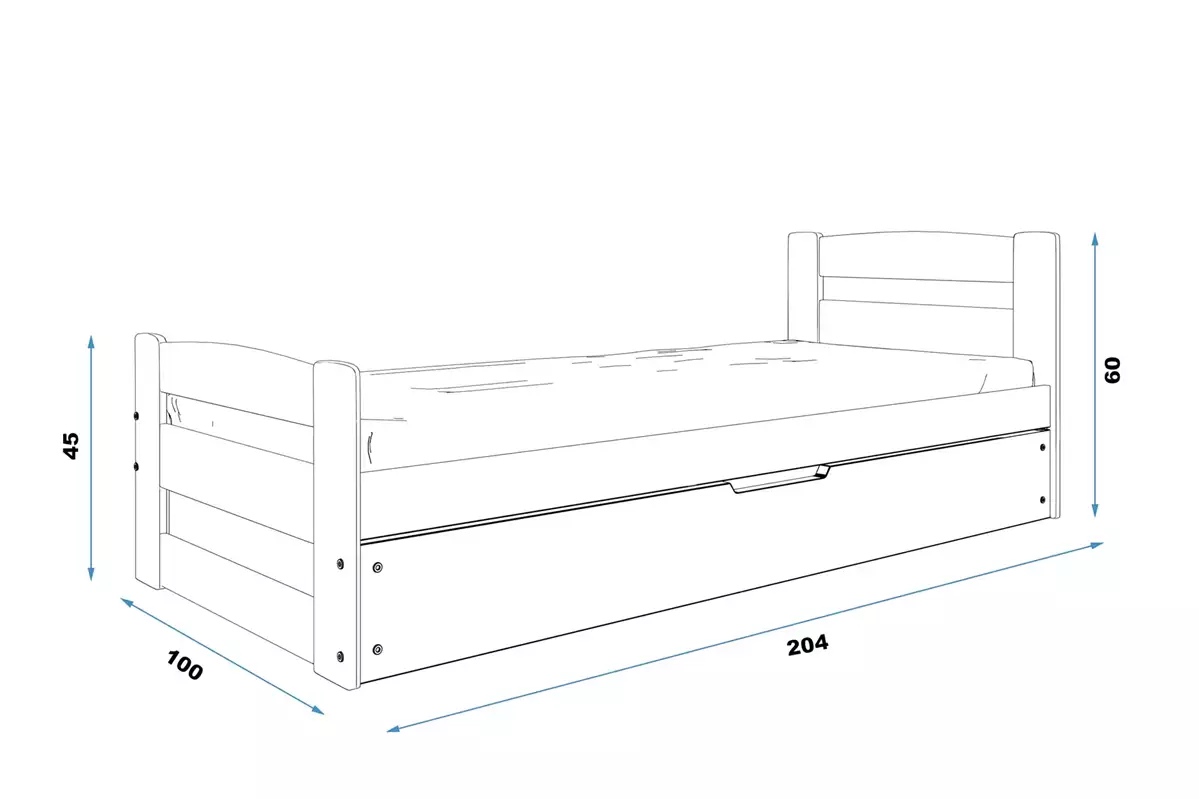 Rozměry a specifikace pro ERNI jednolůžkovou postel pro mládež 90X200 s matrací a kontejnerem, borovice