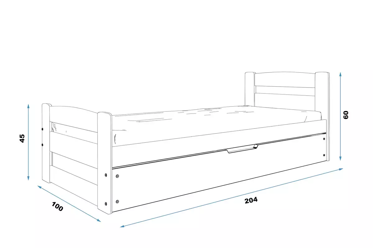 Rozměry a specifikace pro ERNI jednolůžko pro mládež 90X200 s kontejnerem, grafit