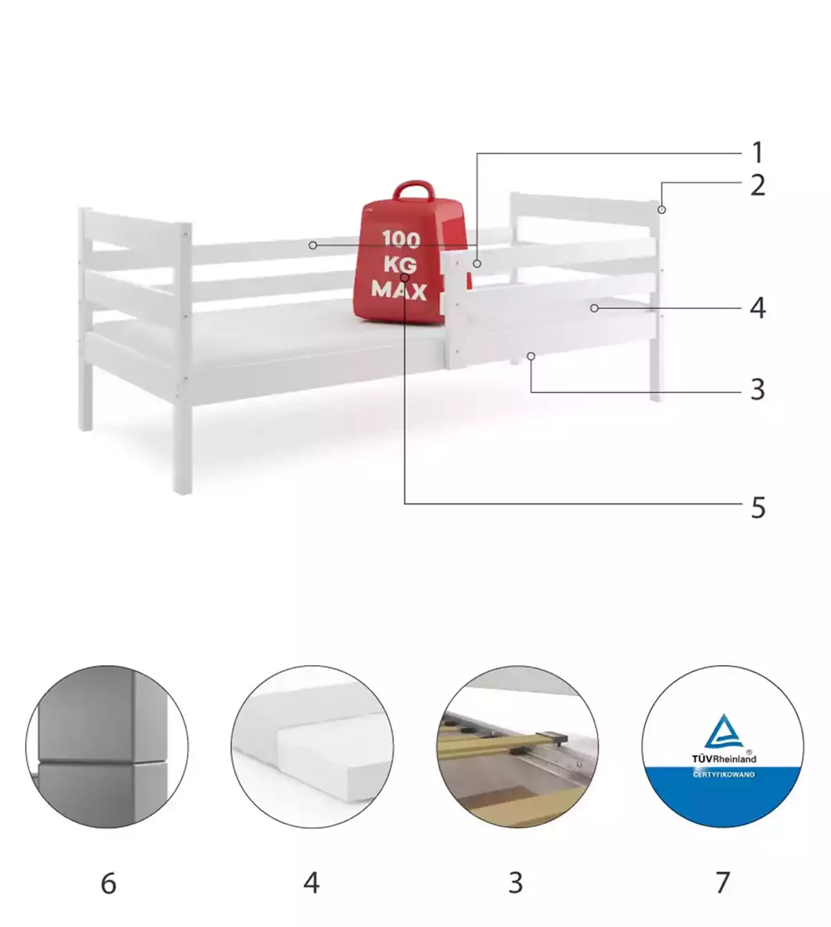 Komponenty pro dětskou jednolůžkovou postel ERYK 90X200, bílá