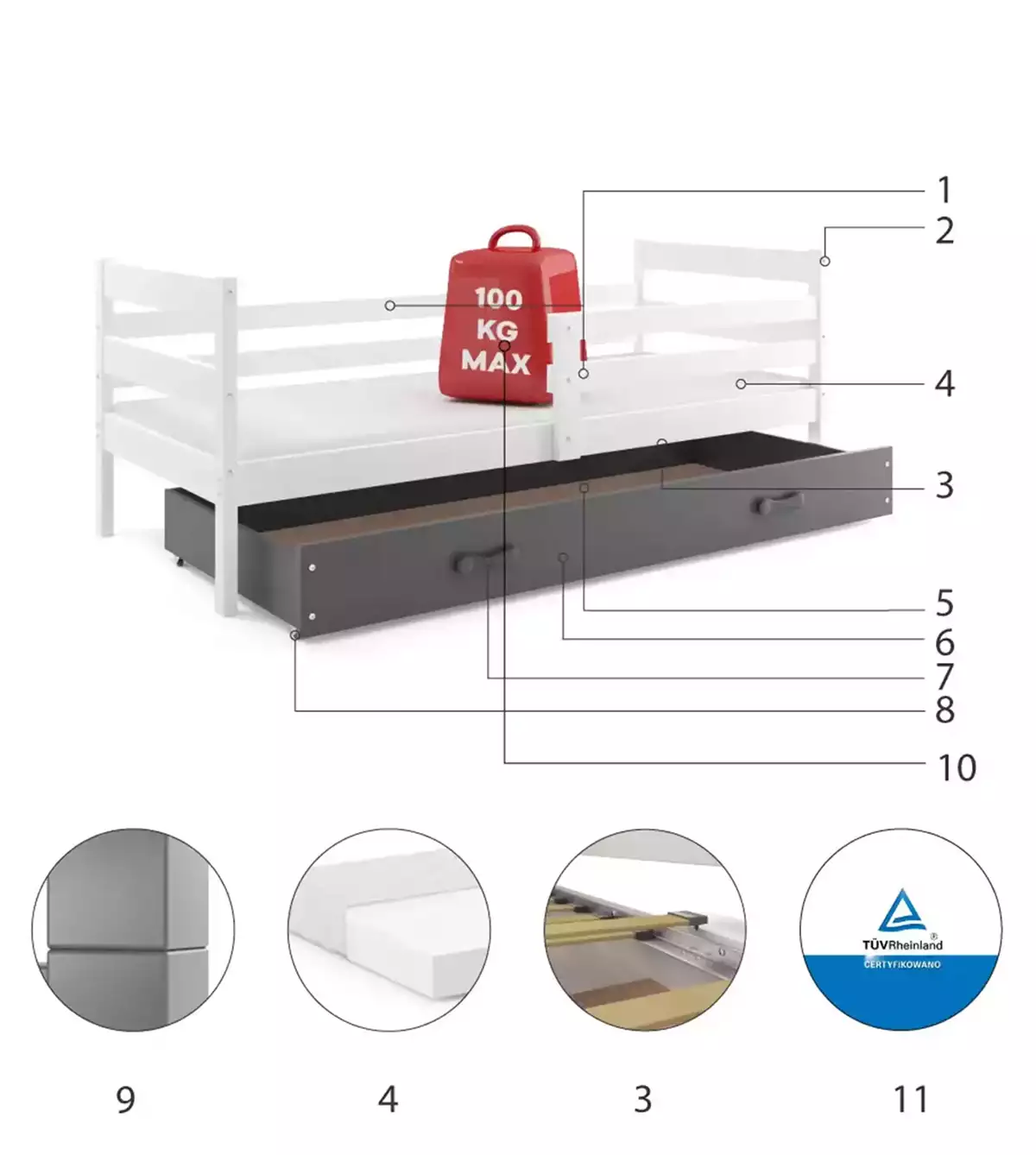 Komponenty pro jednolůžkovou postel pro mládež ERYK 90X200 s matrací a zásuvkou, bílá/grafit