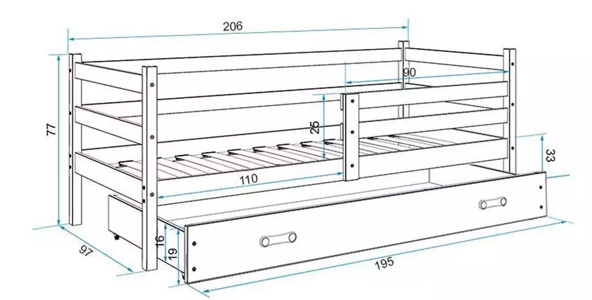 Rozměry a specifikace pro jednolůžkovou postel pro mládež ERYK 90X200 s matrací a zásuvkou, bílá/grafit