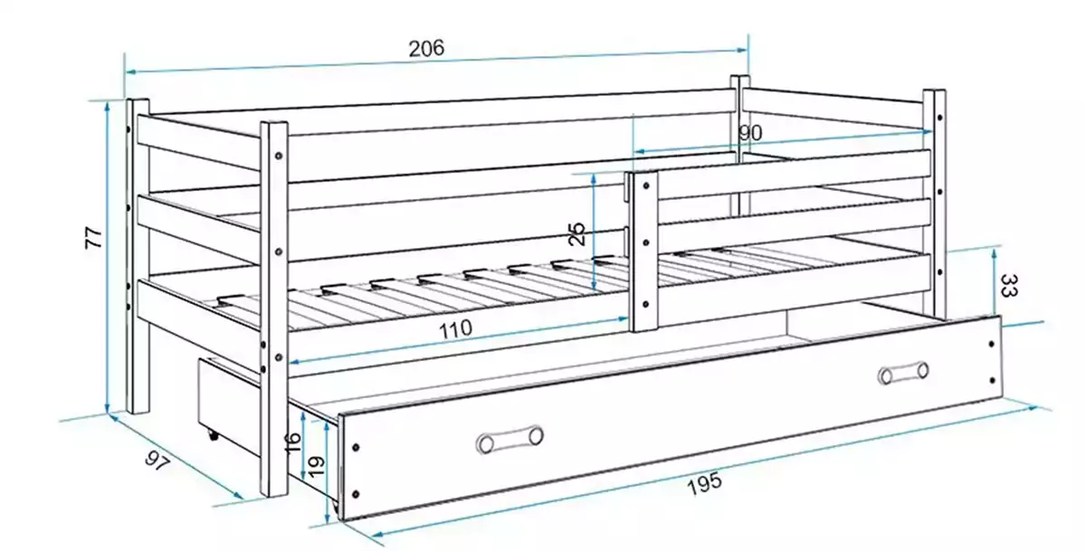 Rozměry a specifikace pro jednolůžkovou postel pro mládež ERYK 90X200 s matrací a zásuvkou, bílá/modrá