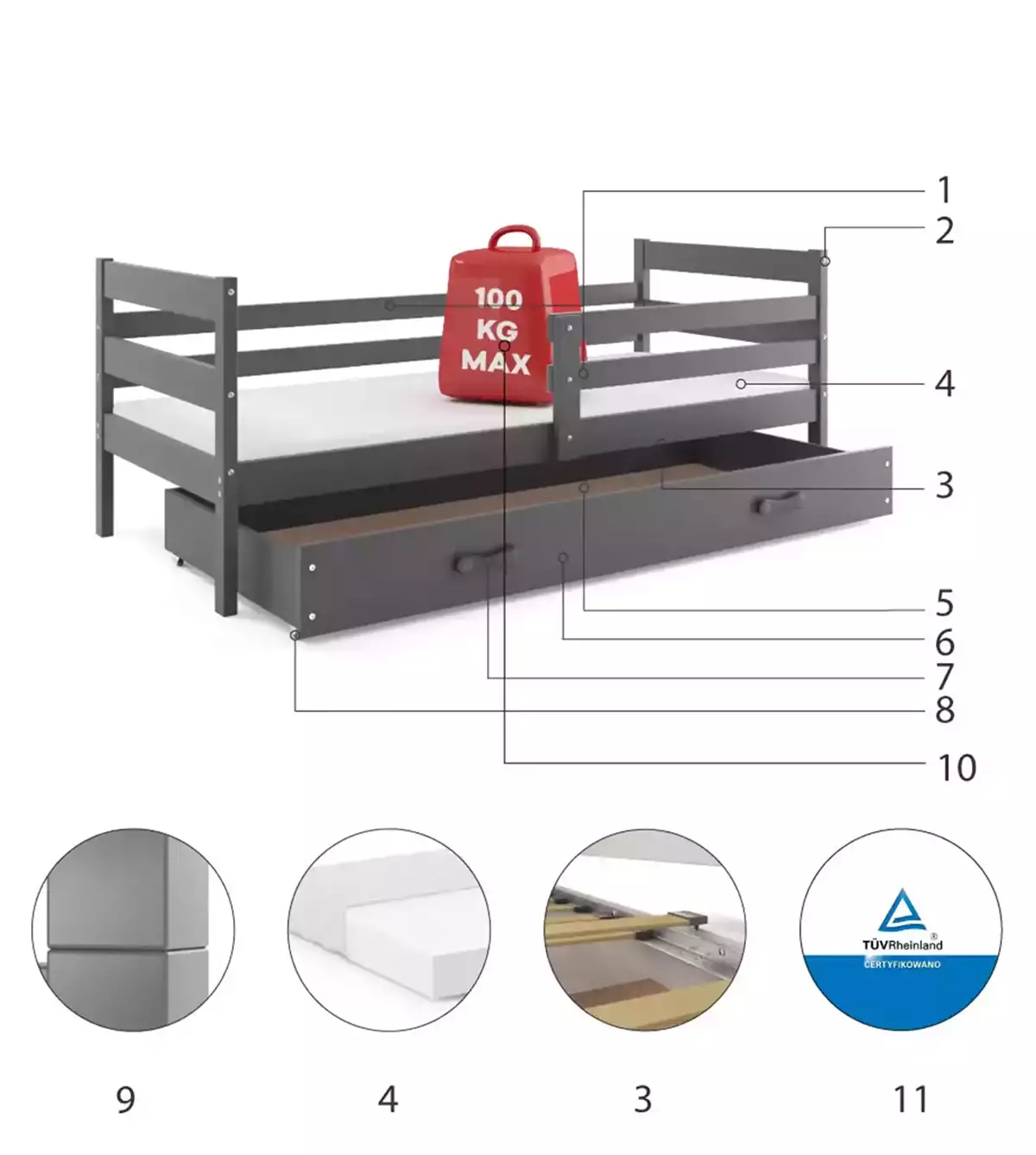 Komponenty pro jednolůžkovou postel pro mládež ERYK 90X200 s matrací a zásuvkou, grafit