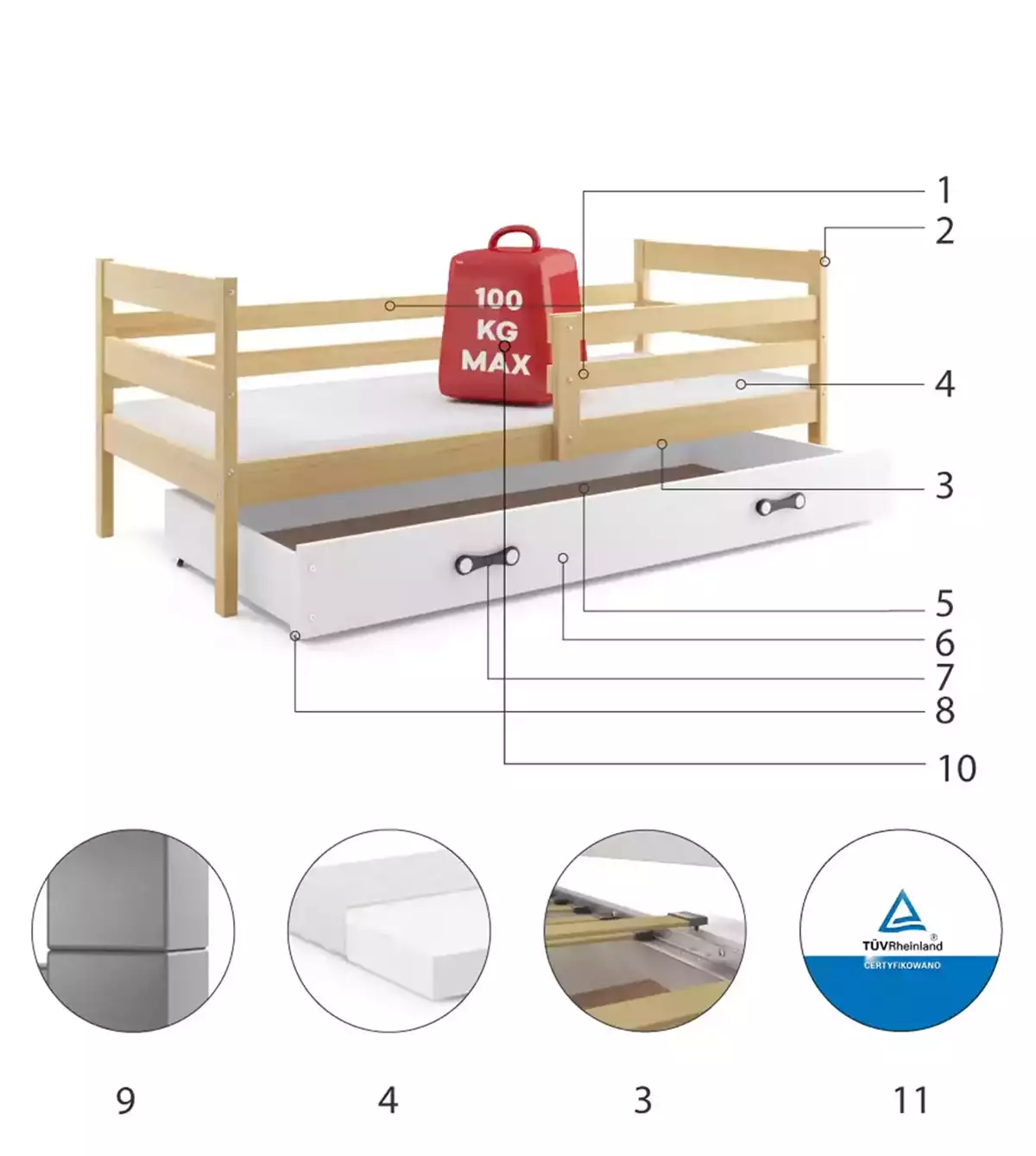 Komponenty pro jednolůžkovou postel pro mládež ERYK 90X200 se zásuvkou, borovice/bílá