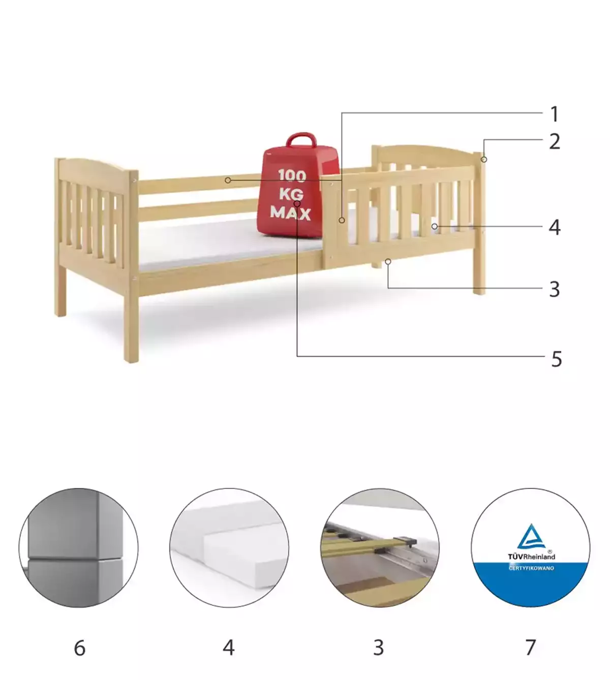 Komponenty pro jednolůžko pro mládež KUBUŚ 80X190, borovice