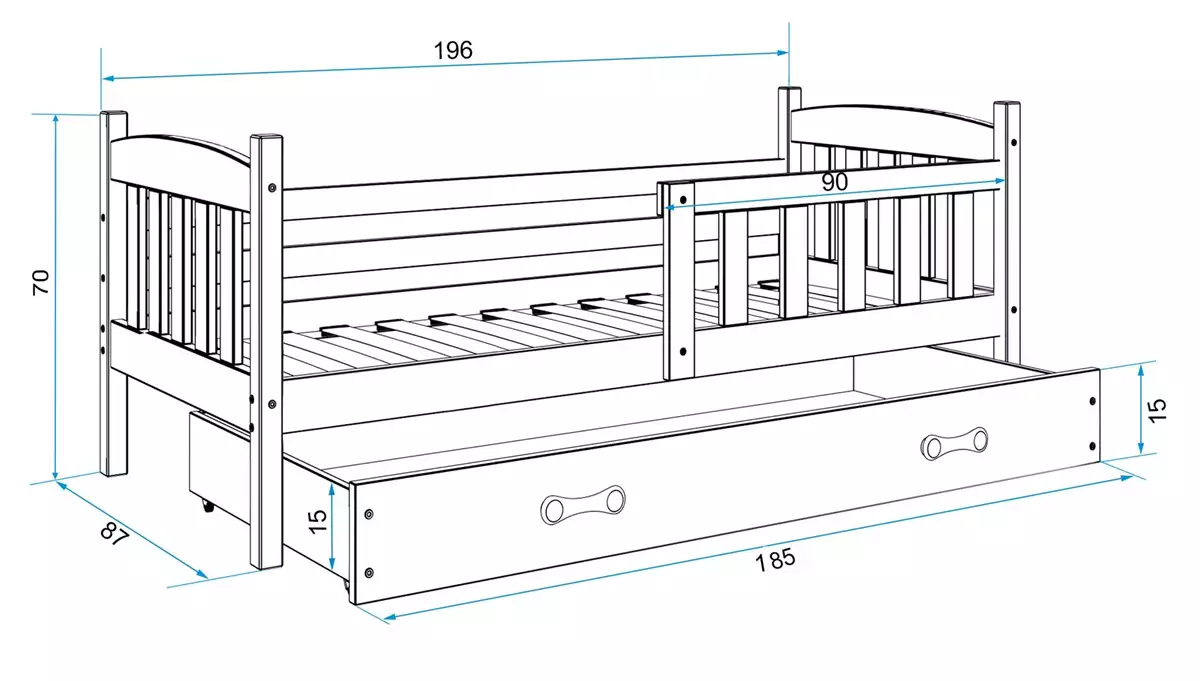 Rozměry a specifikace pro Jednolůžkovou postel pro mládež KUBUŚ 80X190 se zásuvkou, borovice/bílá