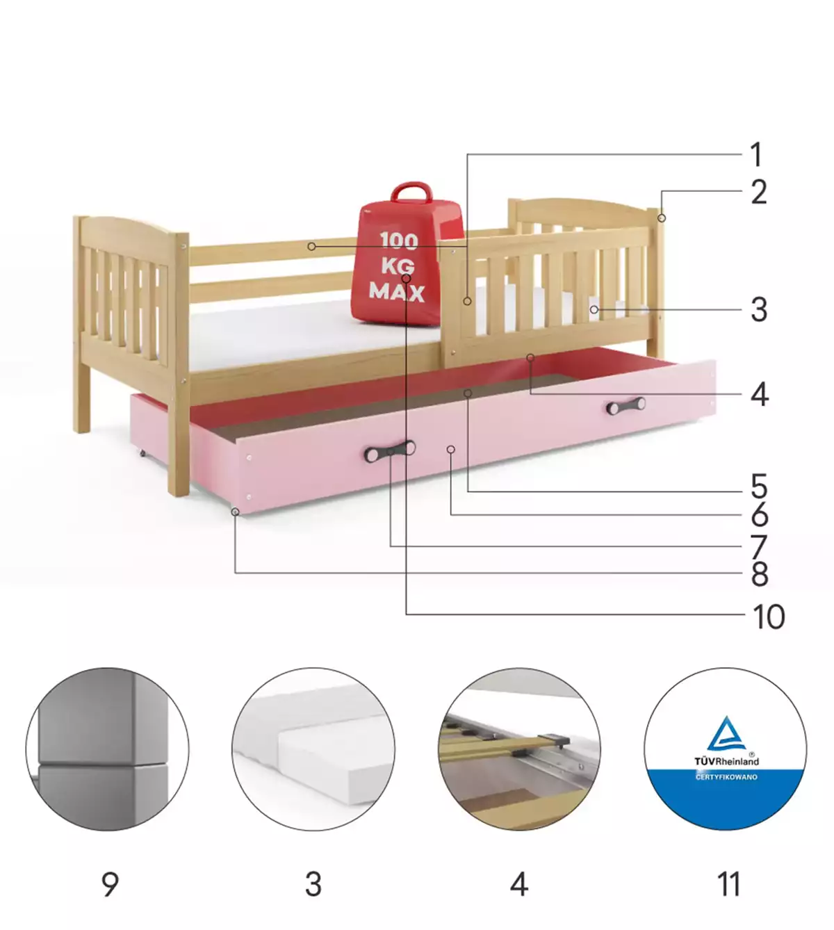 Komponenty pro jednolůžko pro mládež KUBUŚ 80X190 se zásuvkou, borovice/růžová