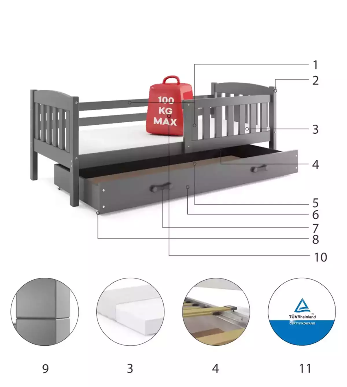 Komponenty pro jednolůžkovou postel pro mládež KUBUŚ 90X200 s matrací a zásuvkou, grafit