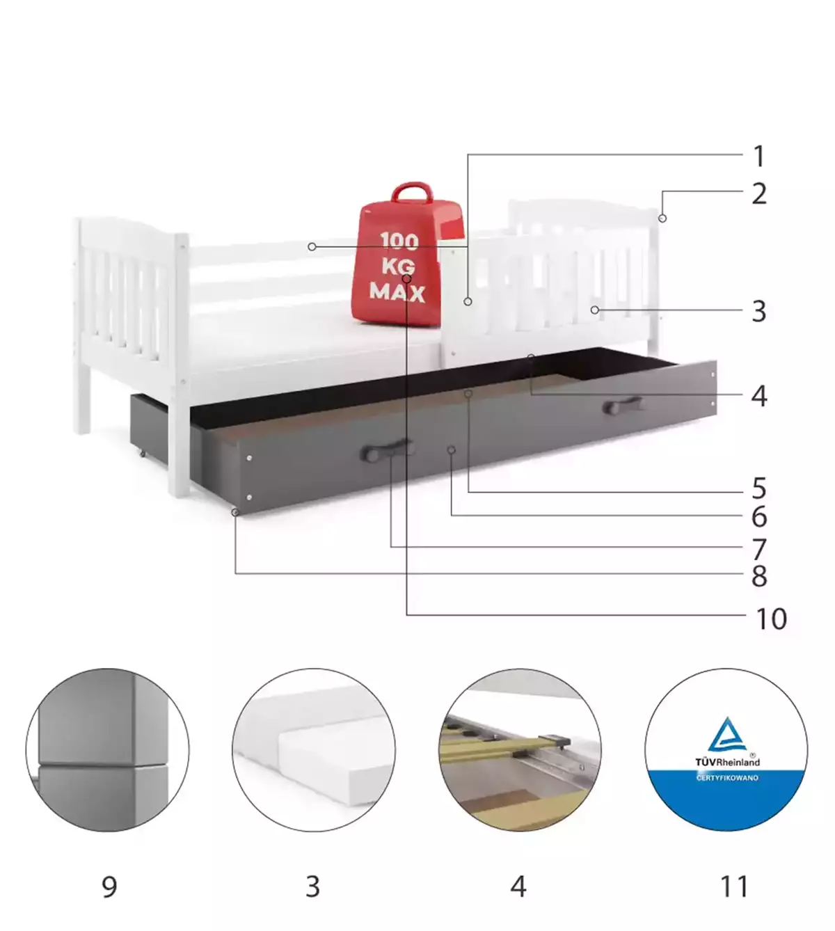 Komponenty pro jednolůžko pro mládež KUBUŚ 90X200 se zásuvkou, bílá/grafit