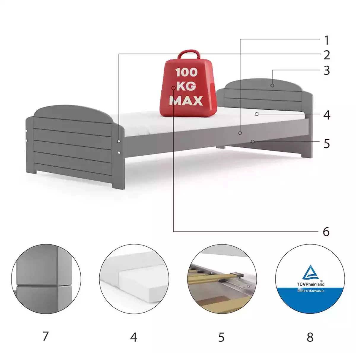 Komponenty pro jednolůžko pro mládež LILI 90X200, grafit