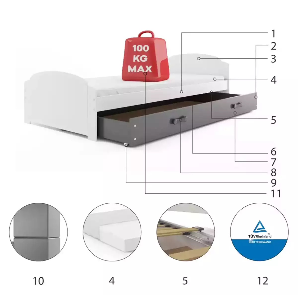 Komponenty pro LILI jednolůžkovou postel pro mládež 90X200 s matrací a zásuvkou, bílá/grafit