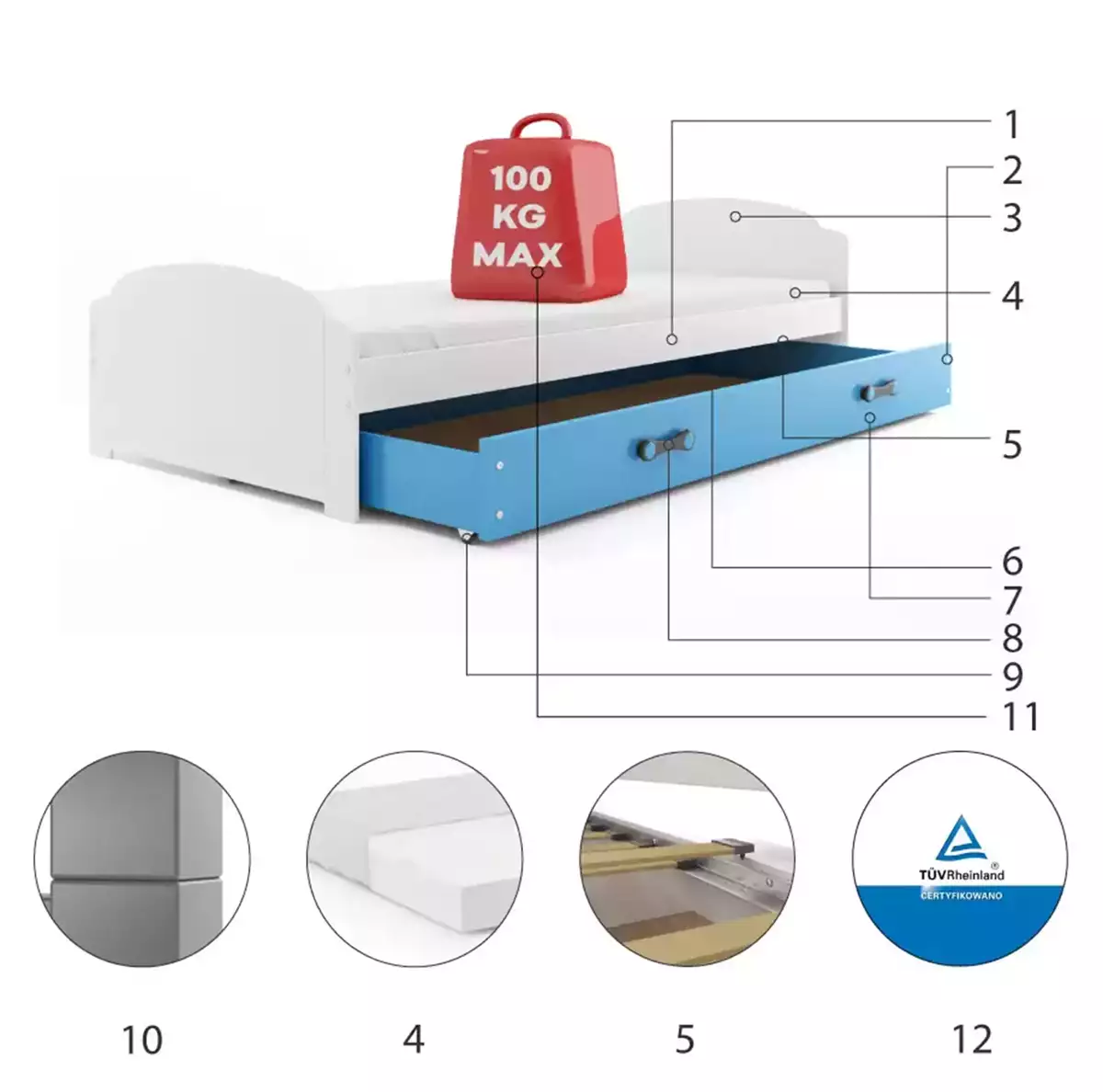 Komponenty pro jednolůžko LILI pro teenagery 90X200 s matrací a šuplíkem, bílá/modrá