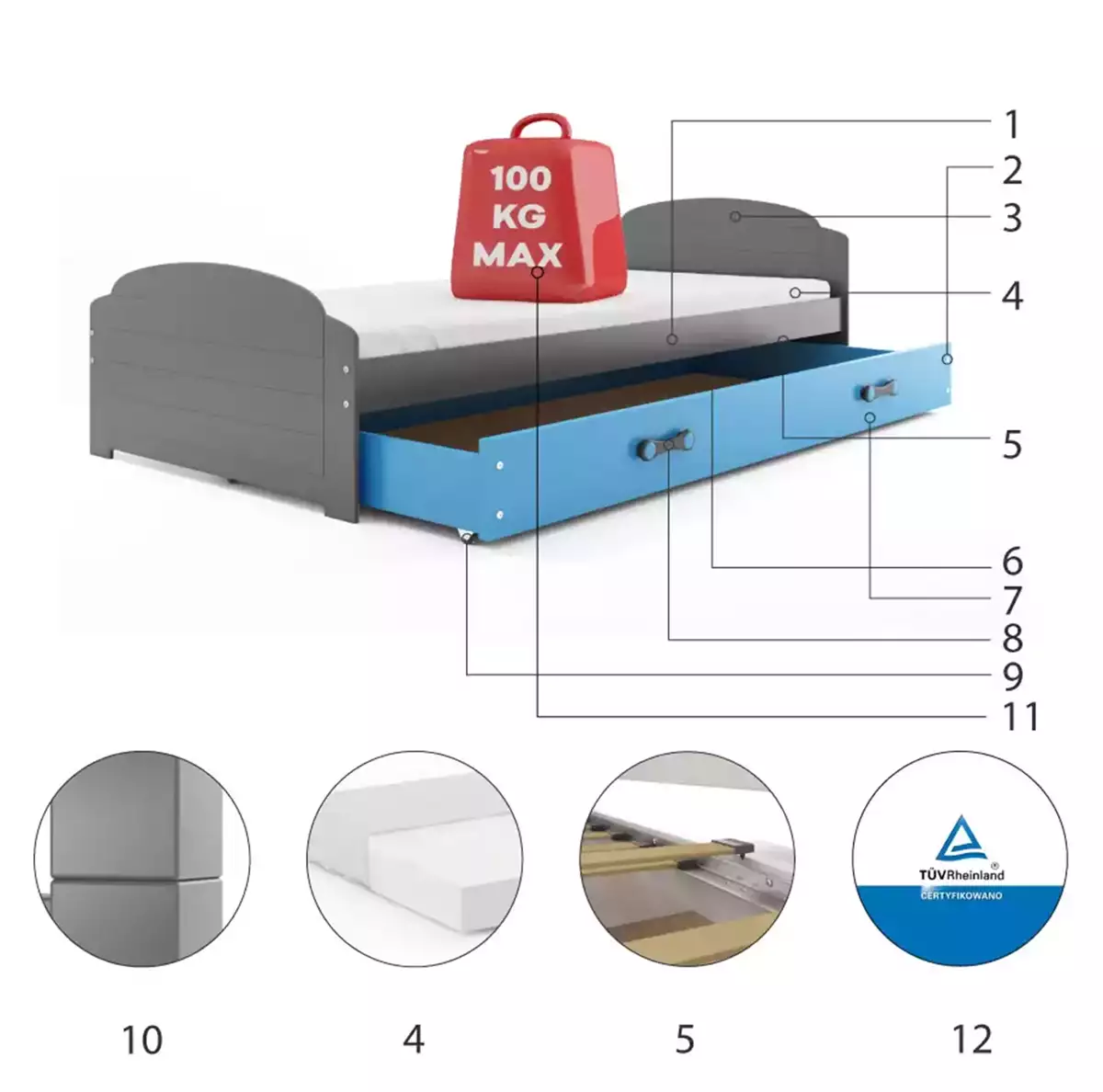 Komponenty pro LILI jednolůžkovou postel pro mládež 90X200 s matrací a zásuvkou, grafit/modrá