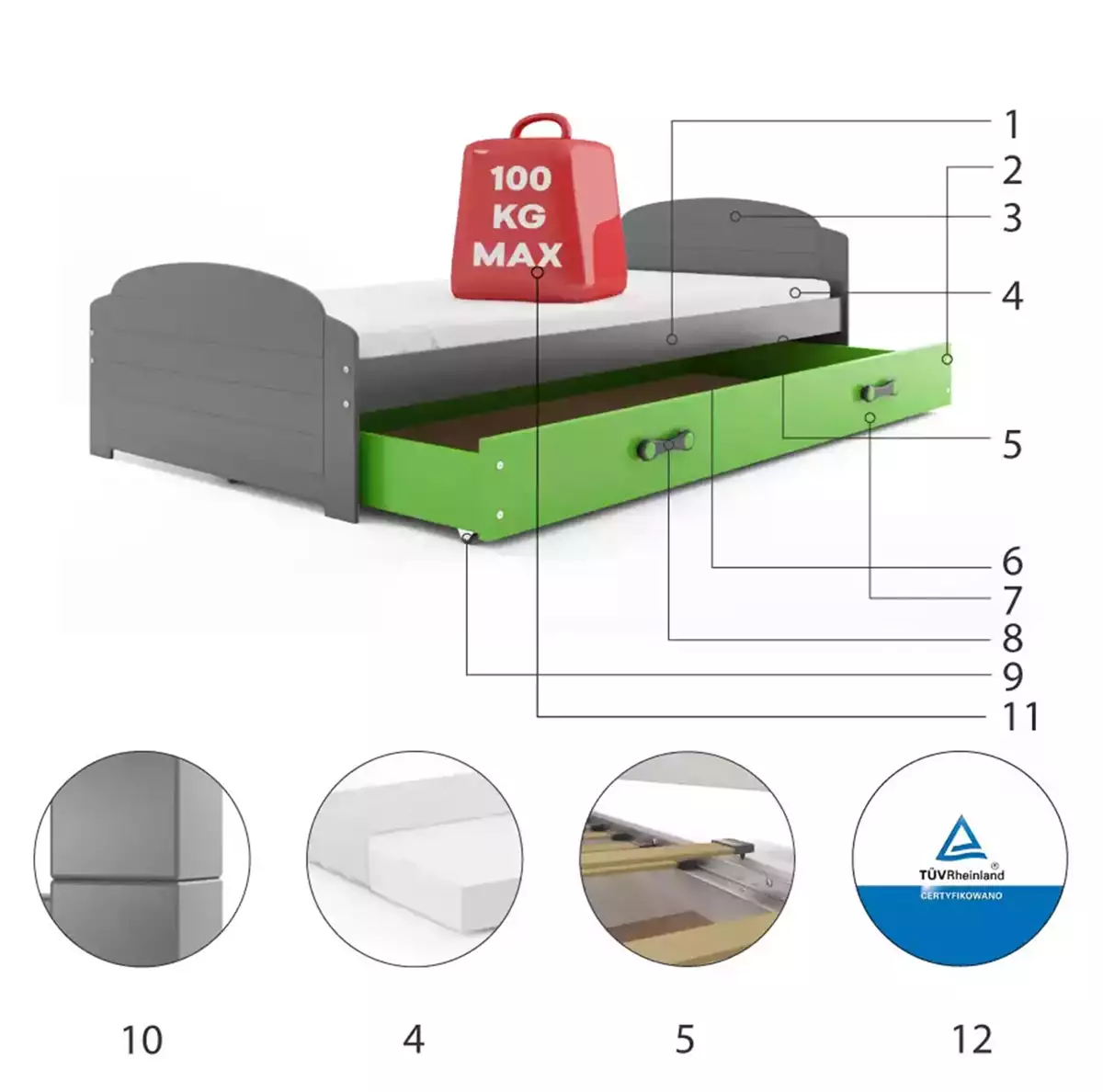 Komponenty pro LILI jednolůžkovou postel pro mládež 90X200 s matrací a zásuvkou, grafit/zelená