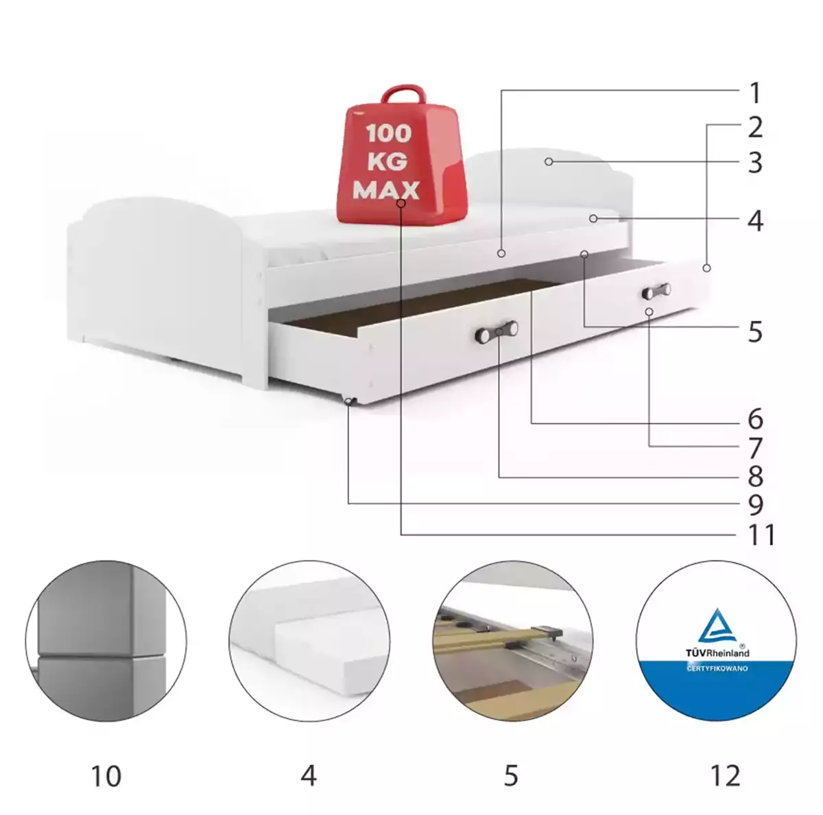 Komponenty pro LILI jednolůžkovou postel pro mládež 90X200 se zásuvkou, bílá