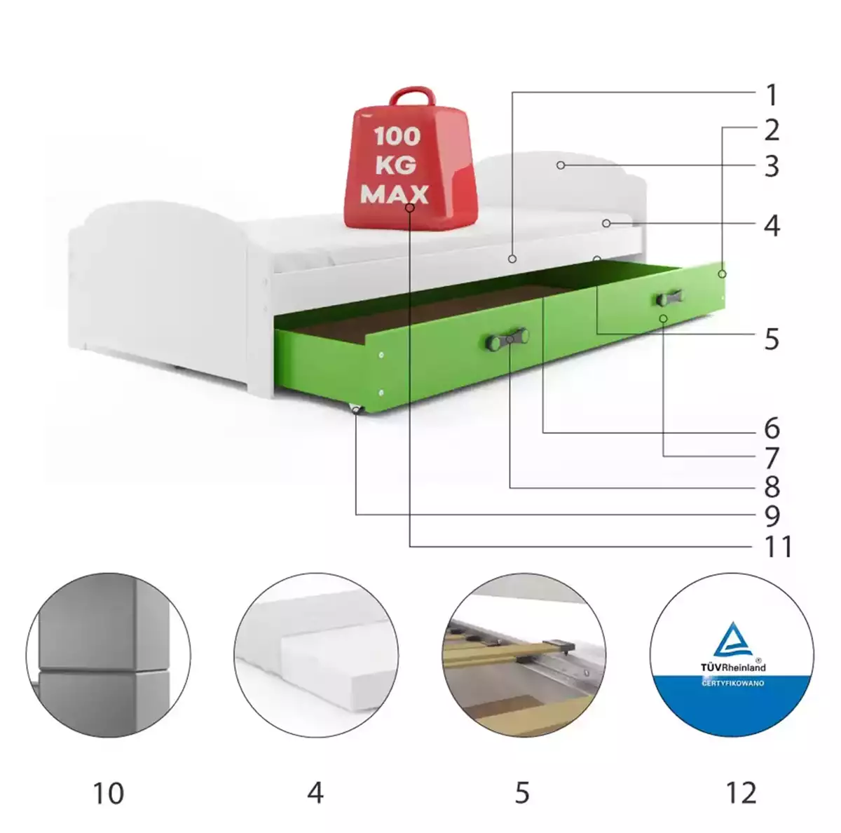 Komponenty pro jednolůžkovou postel pro mládež LILI 90X200 se zásuvkou, bílá/zelená