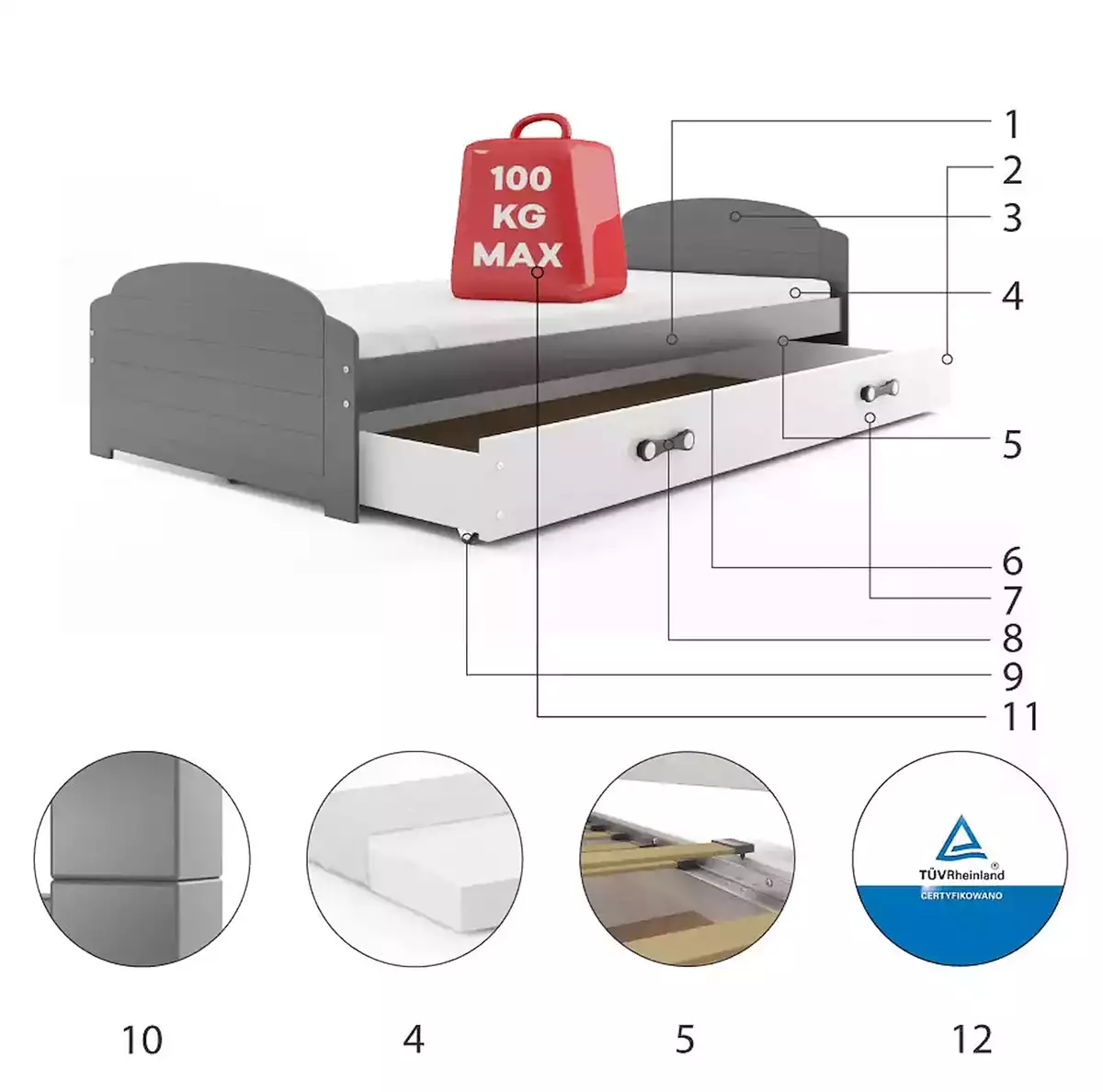 Komponenty pro LILI jednolůžkovou postel pro mládež 90X200 se zásuvkou, grafit/bílá