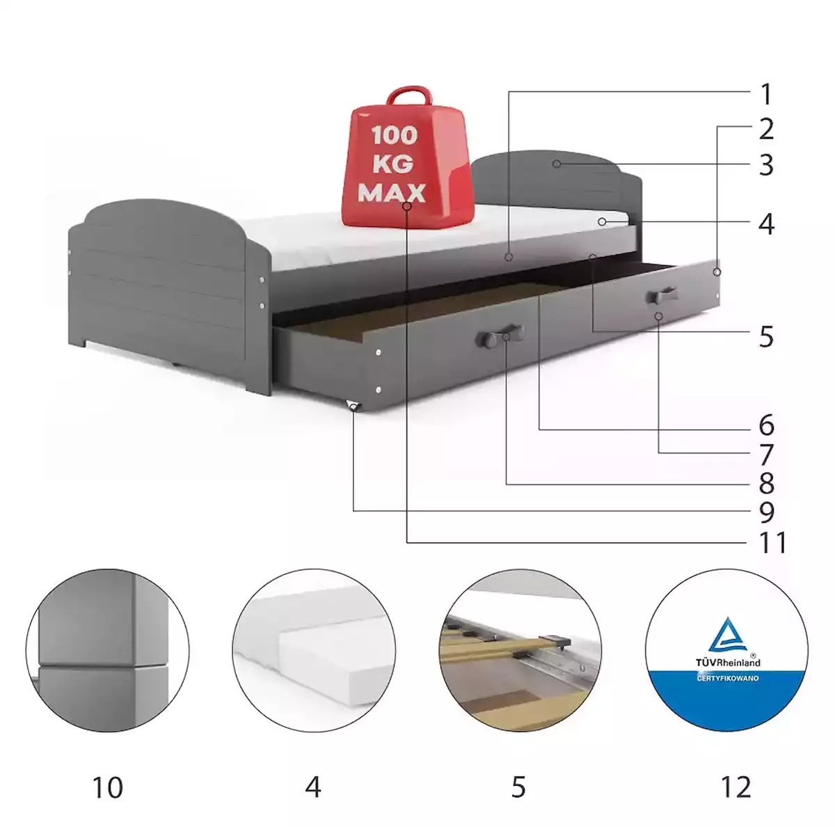 Komponenty pro LILI jednolůžkovou postel pro mládež 90X200 se zásuvkou, grafit