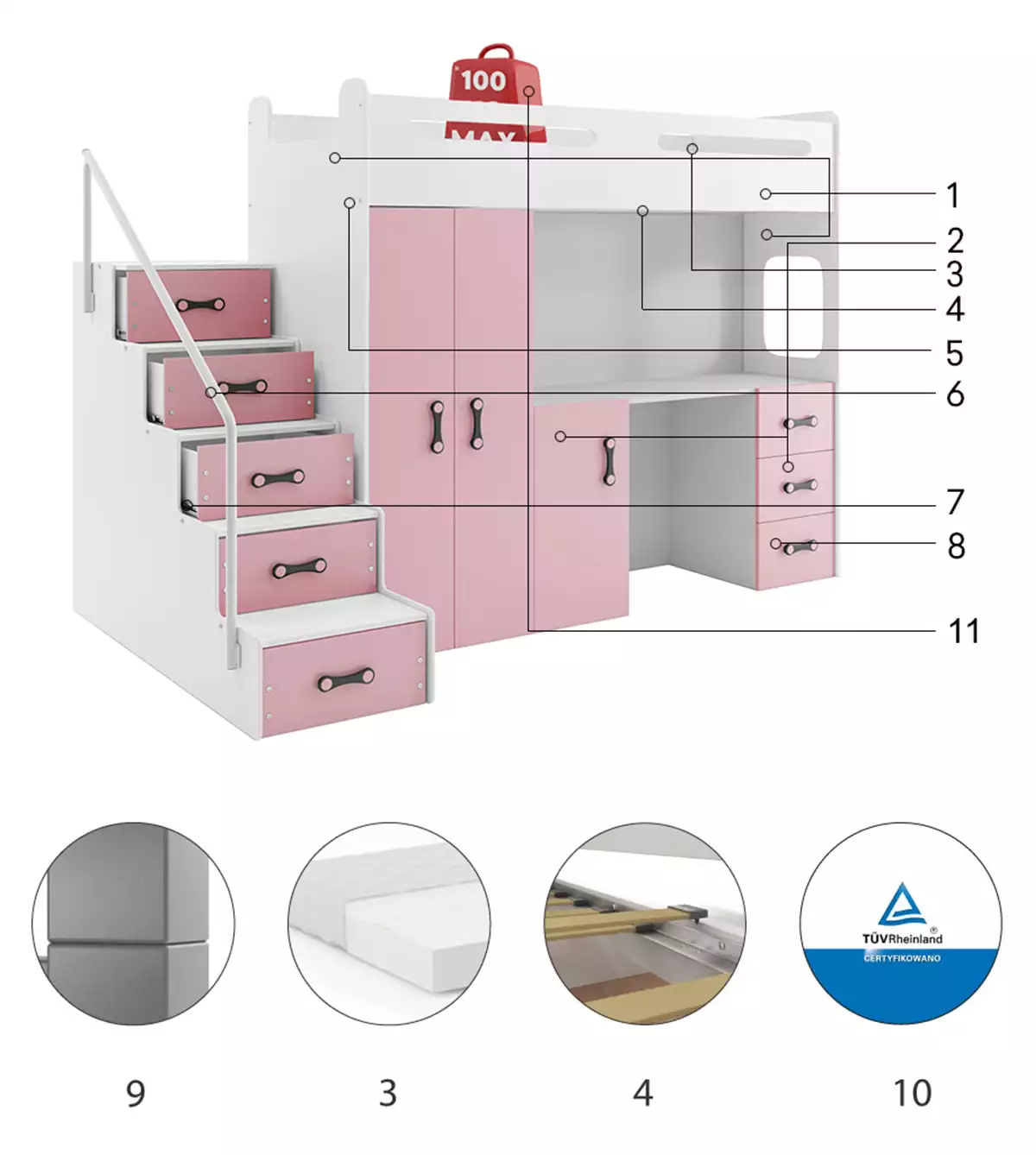 Komponenty pro Jednolůžkovou postel pro mládež MAX 4 80X200 s psacím stolem, růžová
