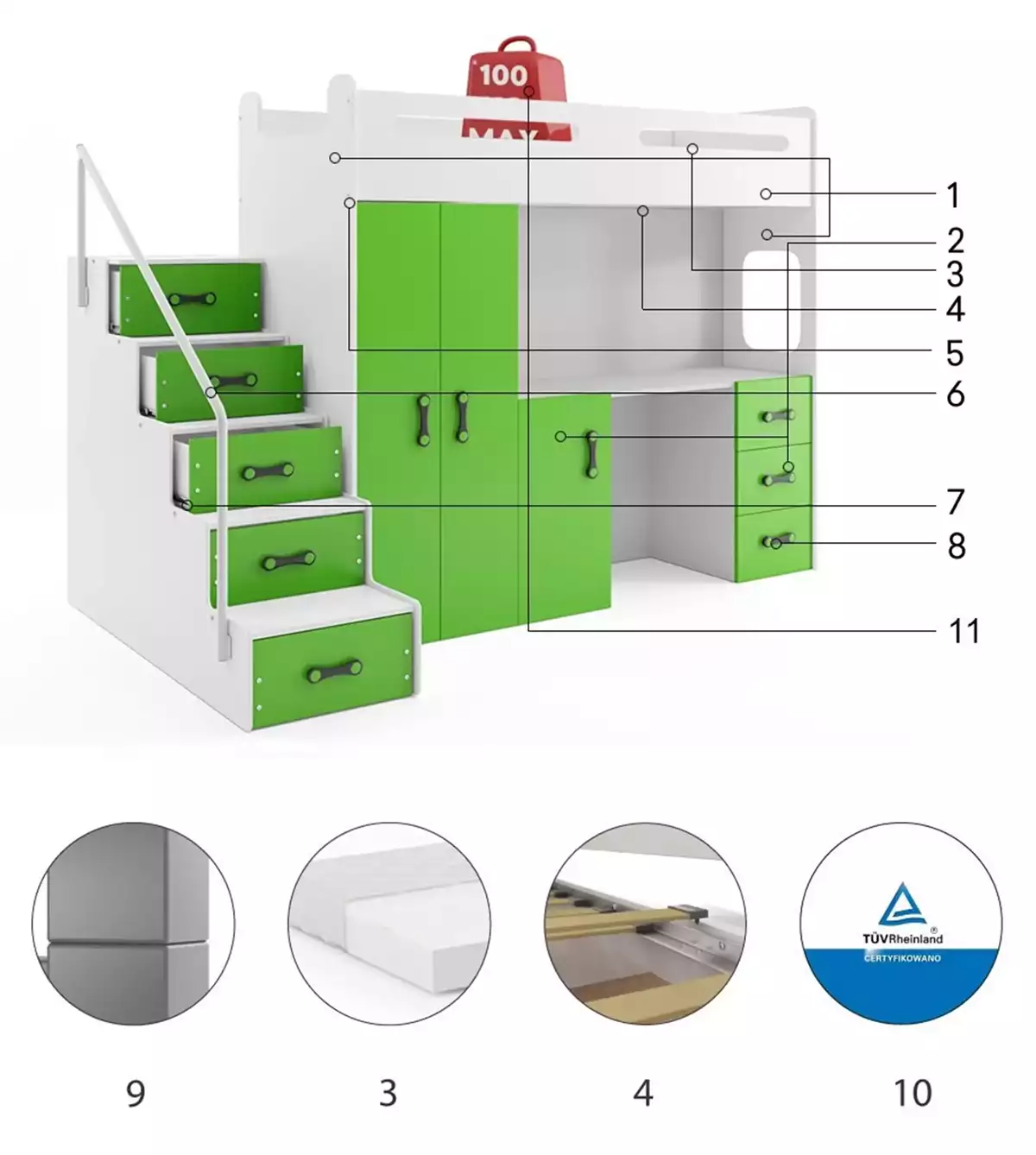 Komponenty pro Jednolůžko pro mládež MAX 4 80X200 s psacím stolem, zelená